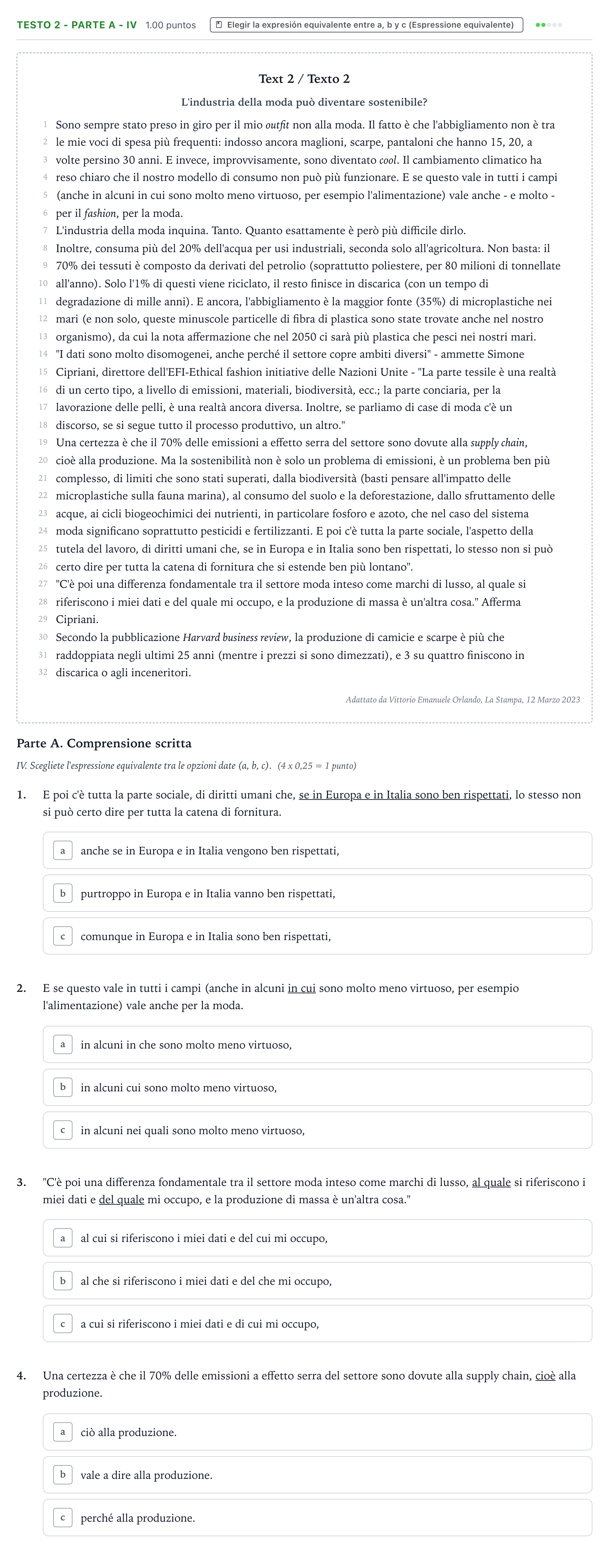 Enunciado: Ejercicio Testo 2 - Parte A - IV · Italiano PAU Valencia Ordinaria solapamiento 2024