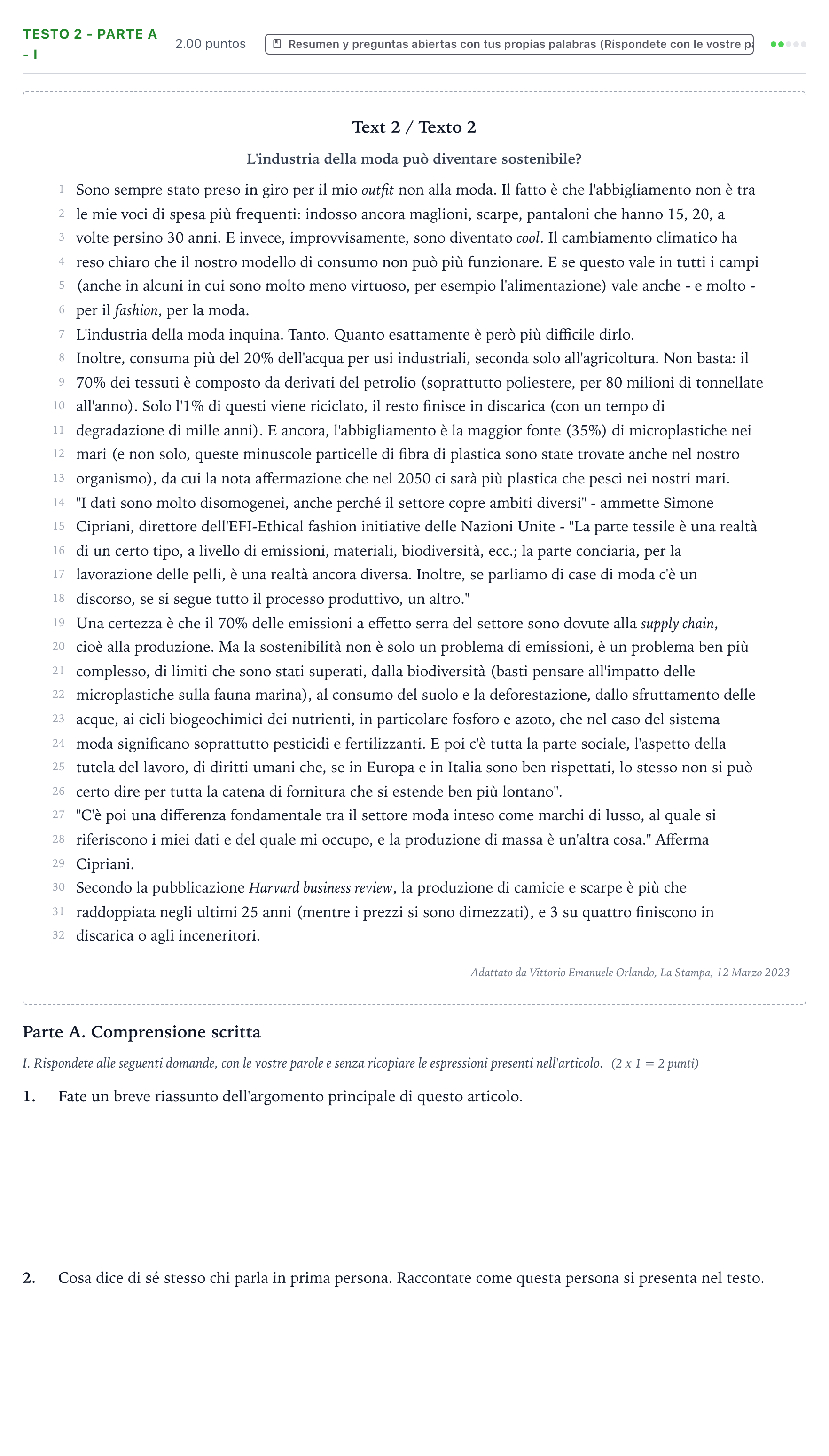 Enunciado: Ejercicio Testo 2 - Parte A - I · Italiano PAU Valencia Ordinaria solapamiento 2024