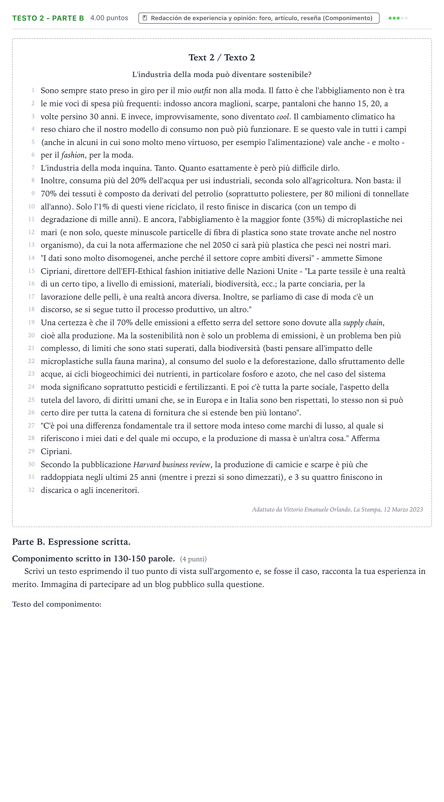 Enunciado: Ejercicio Testo 2 - Parte B · Italiano PAU Valencia Ordinaria solapamiento 2024