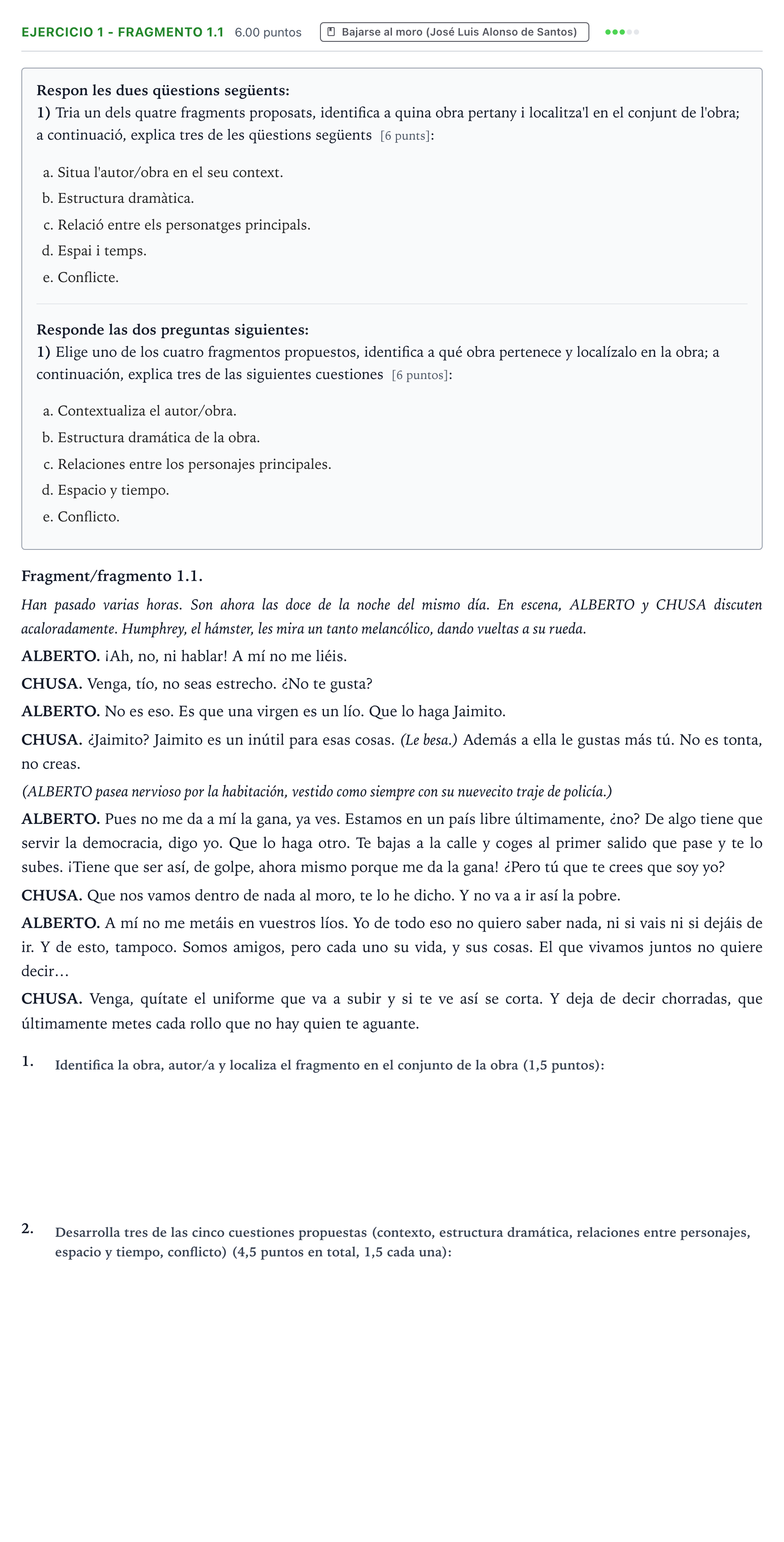 Enunciado: Ejercicio 1 - Fragmento 1.1 · Literatura Dramática PAU Valencia Extraordinaria 2024
