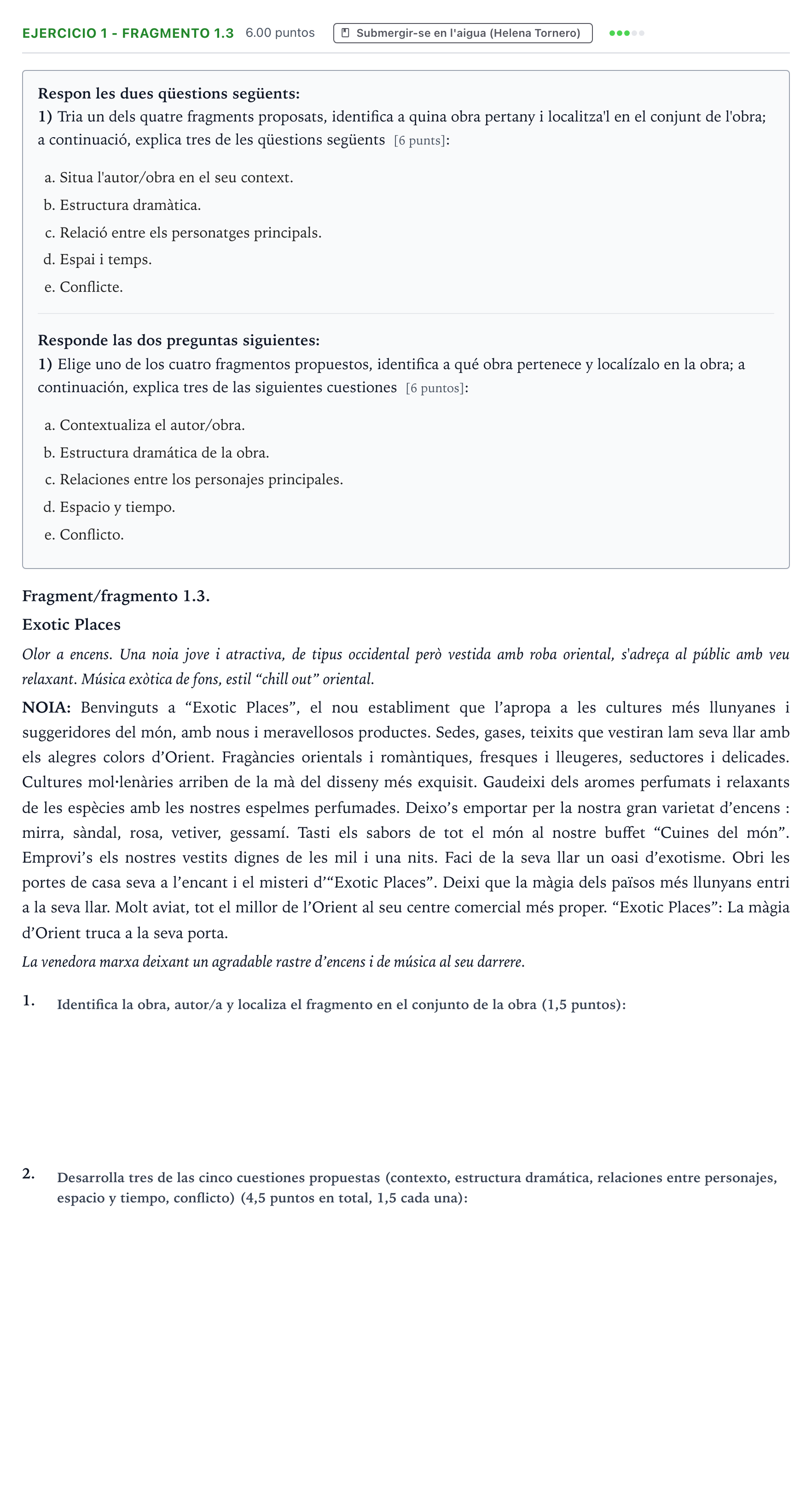 Enunciado: Ejercicio 1 - Fragmento 1.3 · Literatura Dramática PAU Valencia Extraordinaria 2024