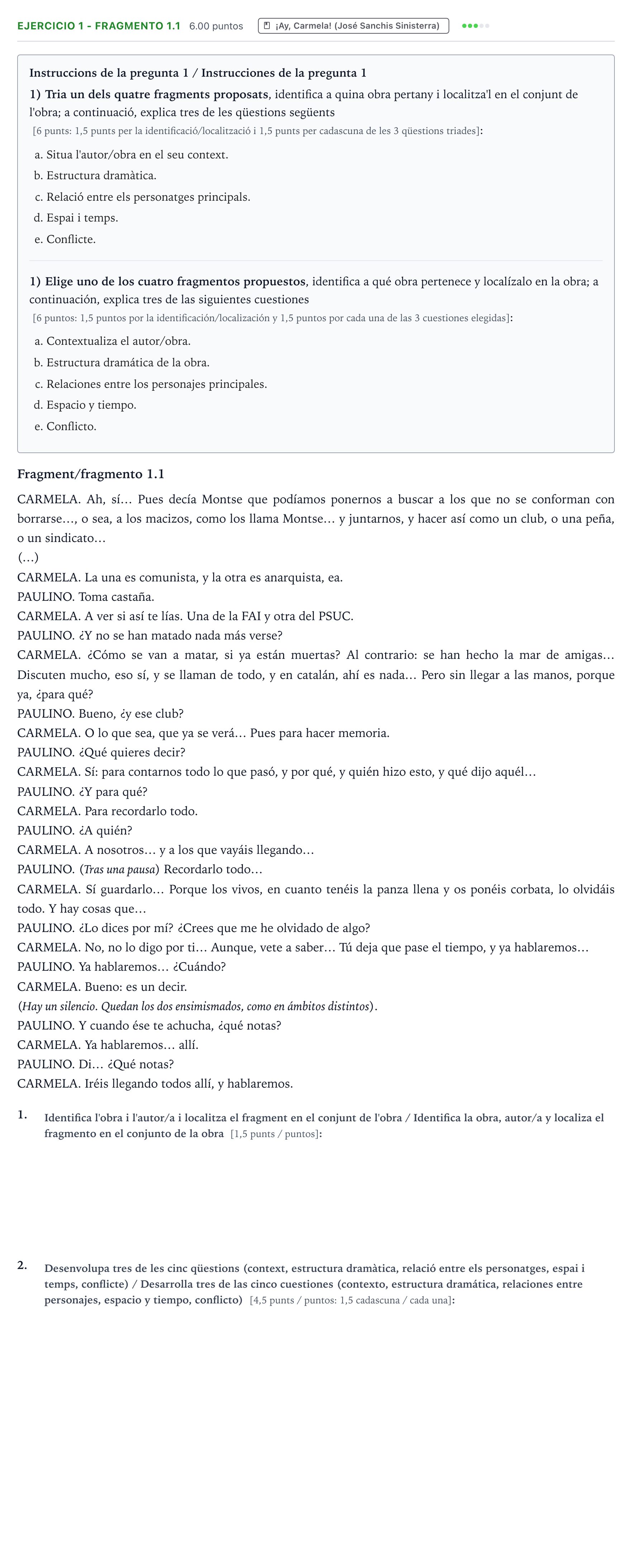 Enunciado: Ejercicio 1 - Fragmento 1.1 · Literatura Dramática PAU Valencia Ordinaria 2024