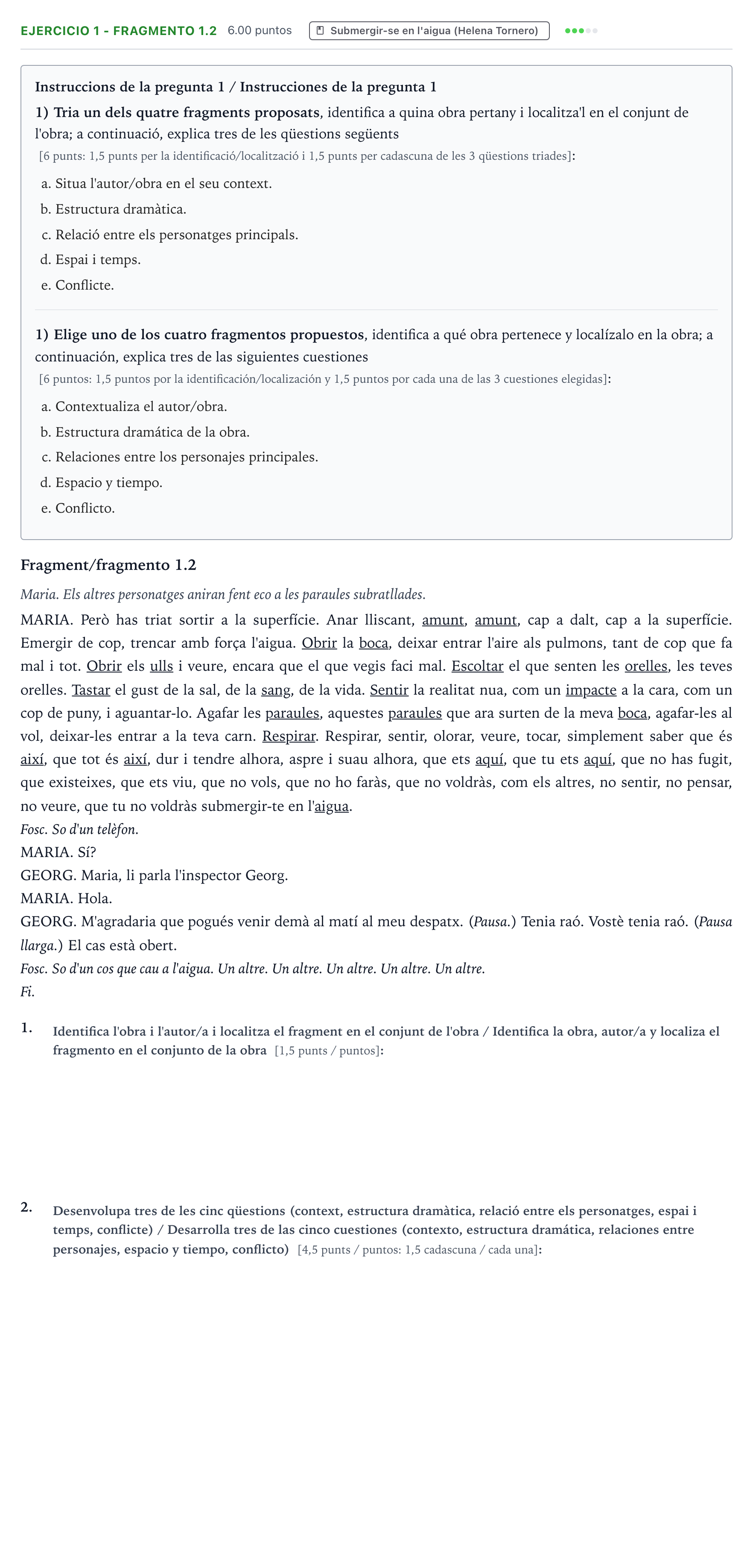 Enunciado: Ejercicio 1 - Fragmento 1.2 · Literatura Dramática PAU Valencia Ordinaria 2024