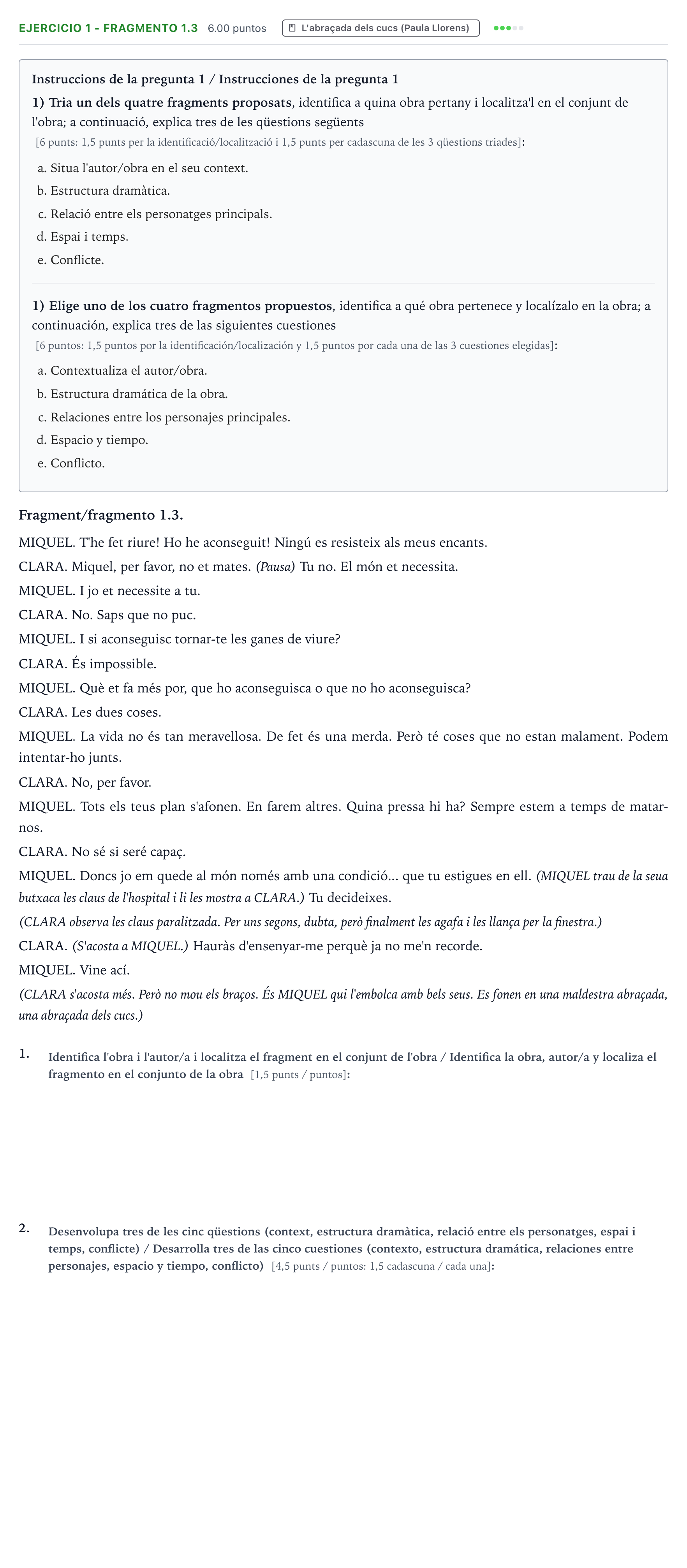 Enunciado: Ejercicio 1 - Fragmento 1.3 · Literatura Dramática PAU Valencia Ordinaria 2024