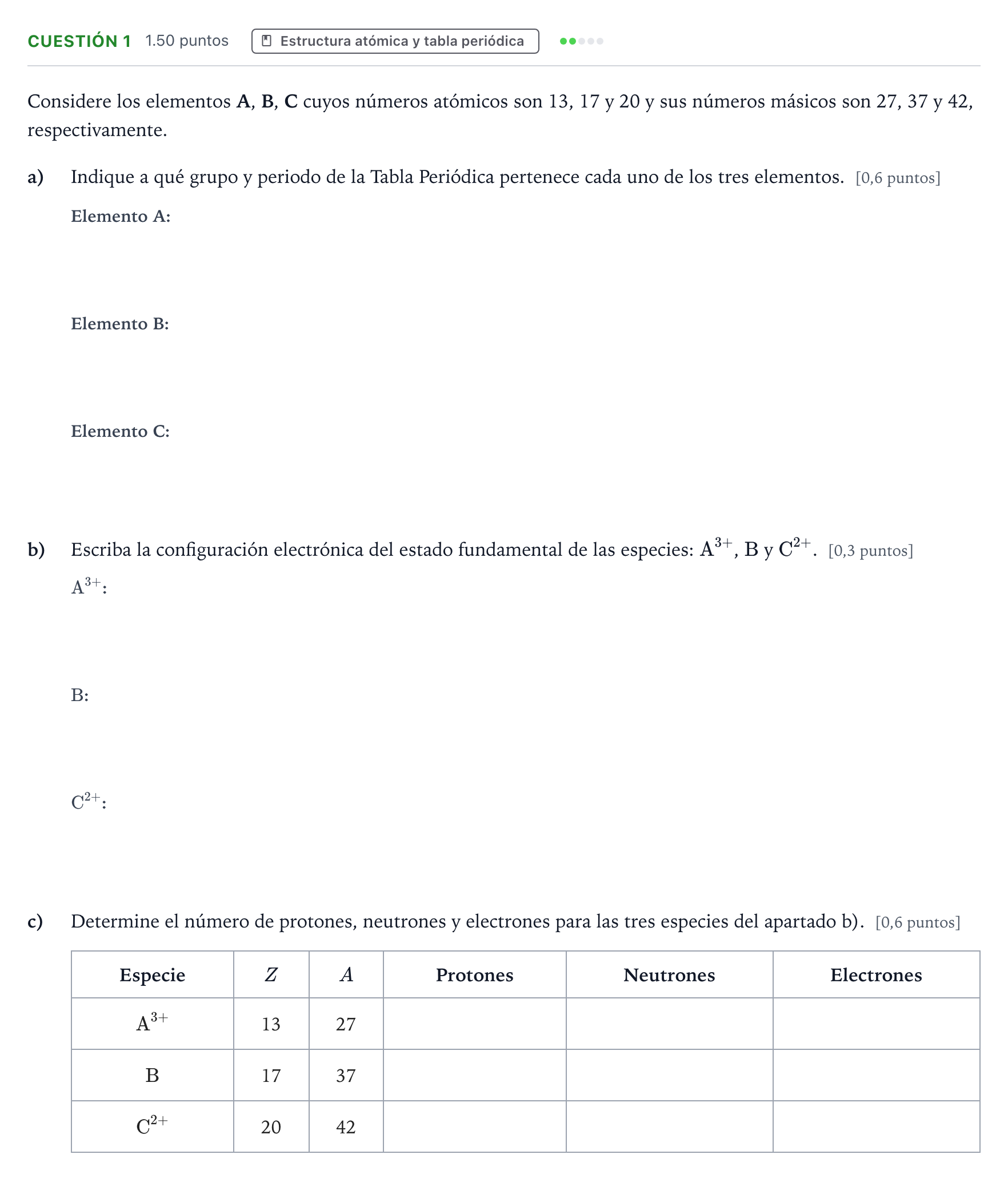 Enunciado: Cuestión 1 - Estructura atómica y tabla periódica · Química PAU Valencia Extraordinaria 2024