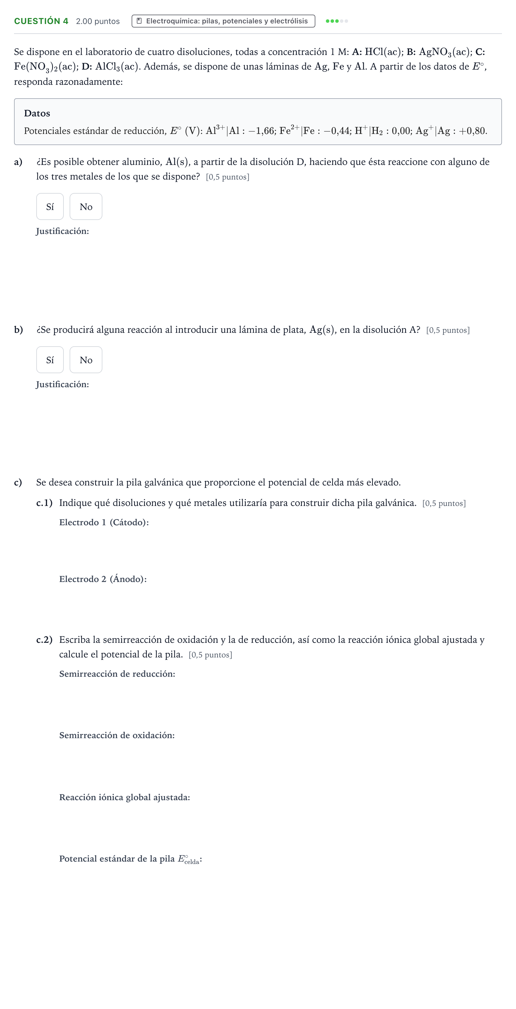 Enunciado: Cuestión 4 · Química PAU Valencia Extraordinaria 2024
