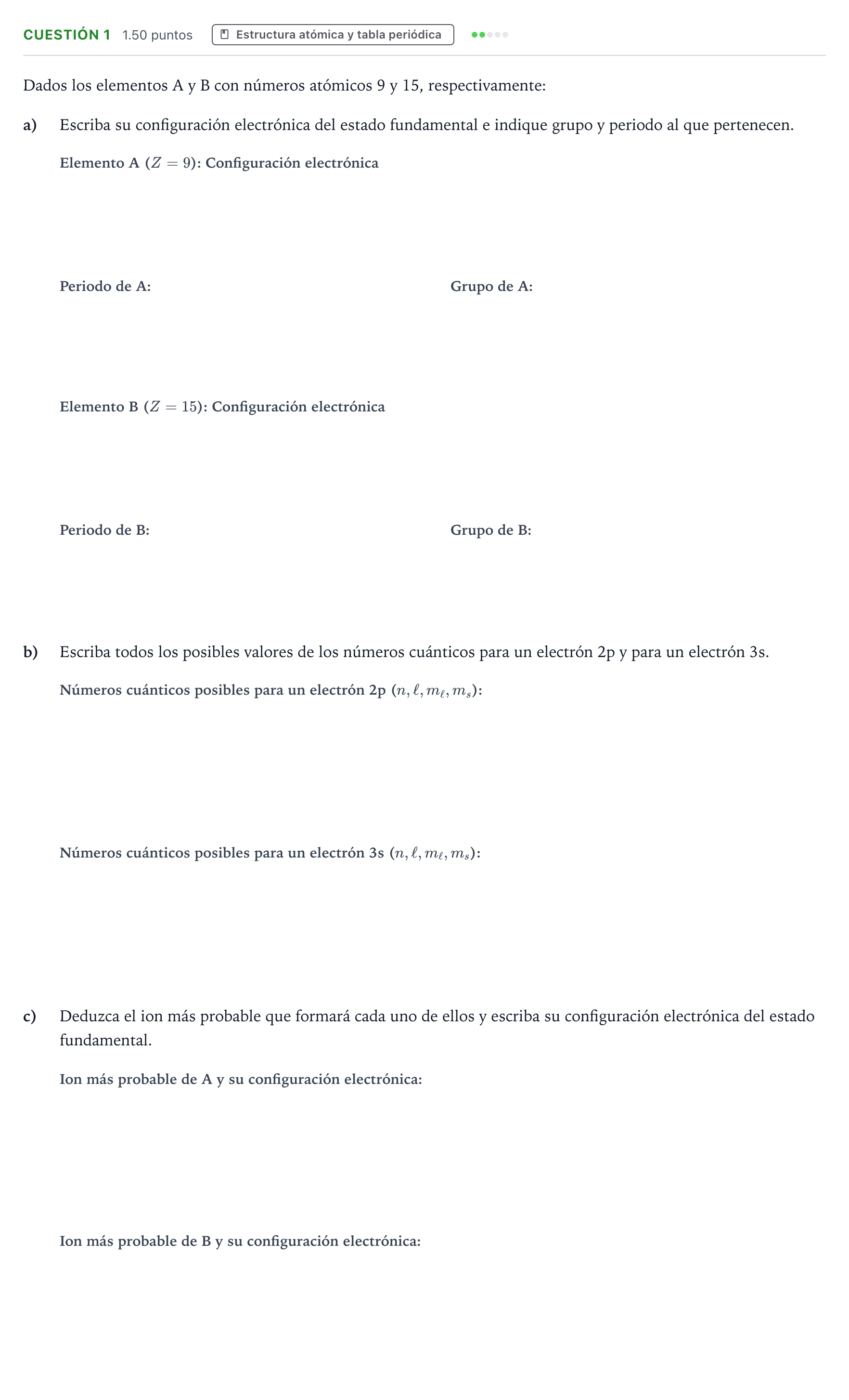 Enunciado: Cuestión 1 - Estructura atómica y tabla periódica · Química PAU Valencia Ordinaria 2024