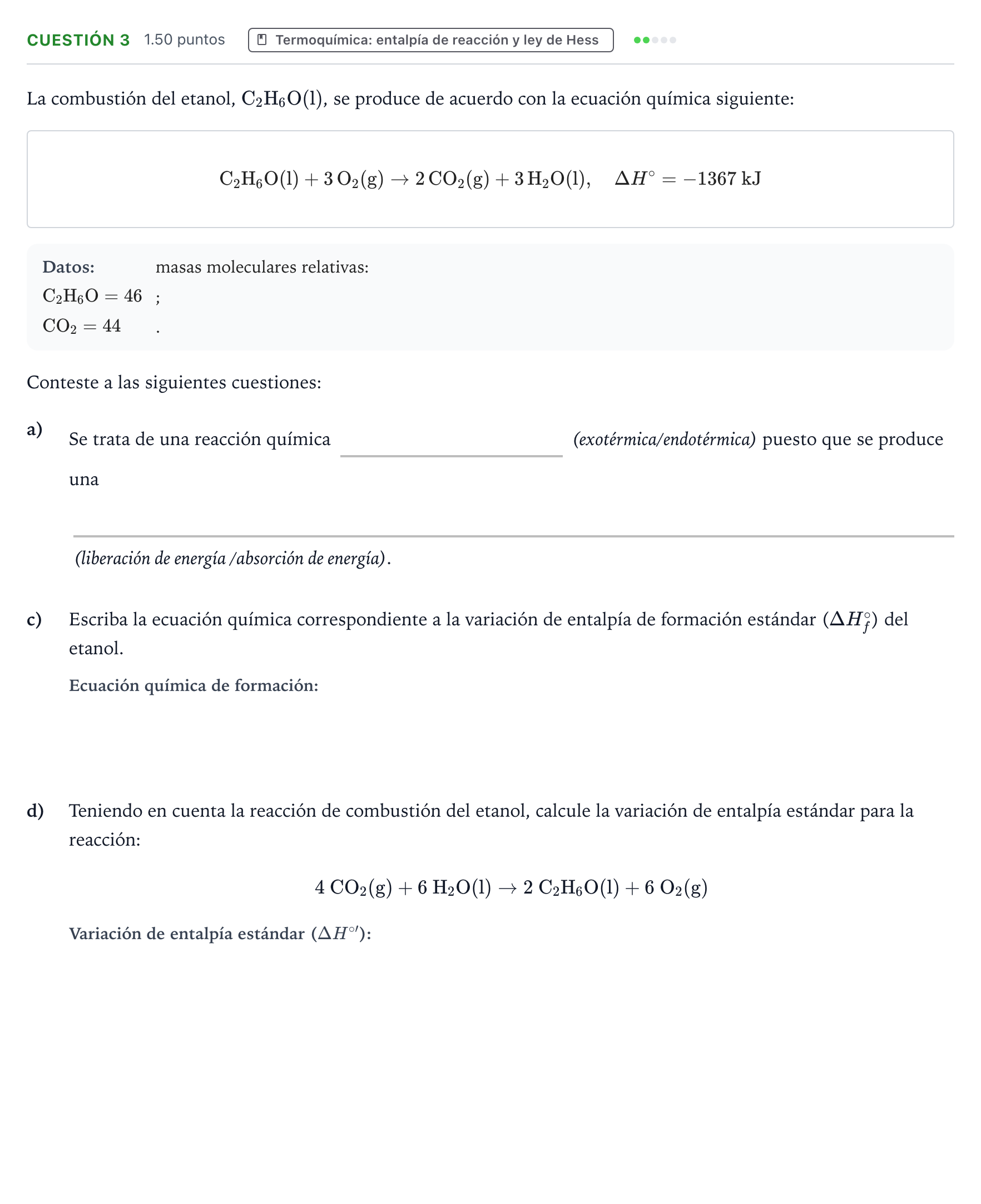 Enunciado: Cuestión 3 - Termoquímica · Química PAU Valencia Ordinaria 2024