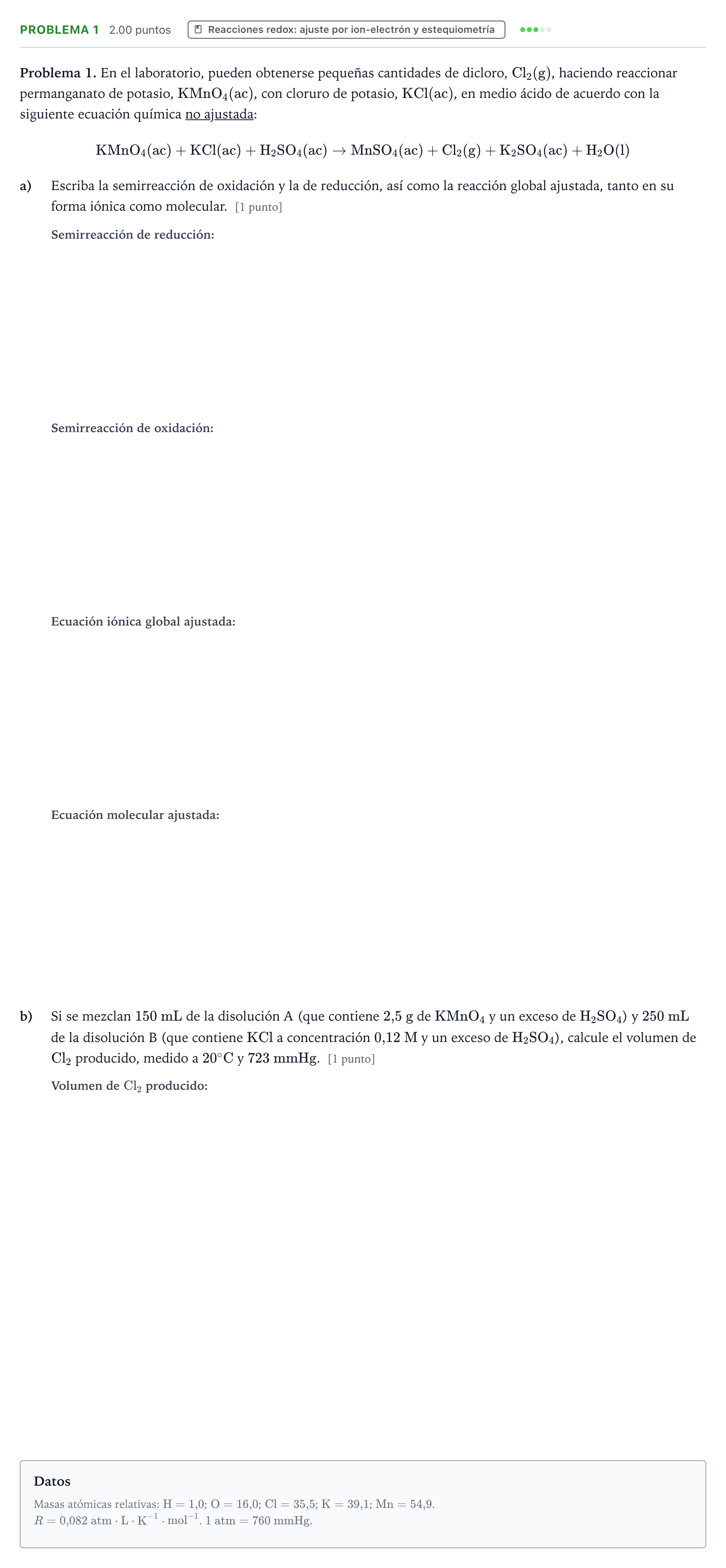 Enunciado: Problema 1 · Química PAU Valencia Ordinaria 2024