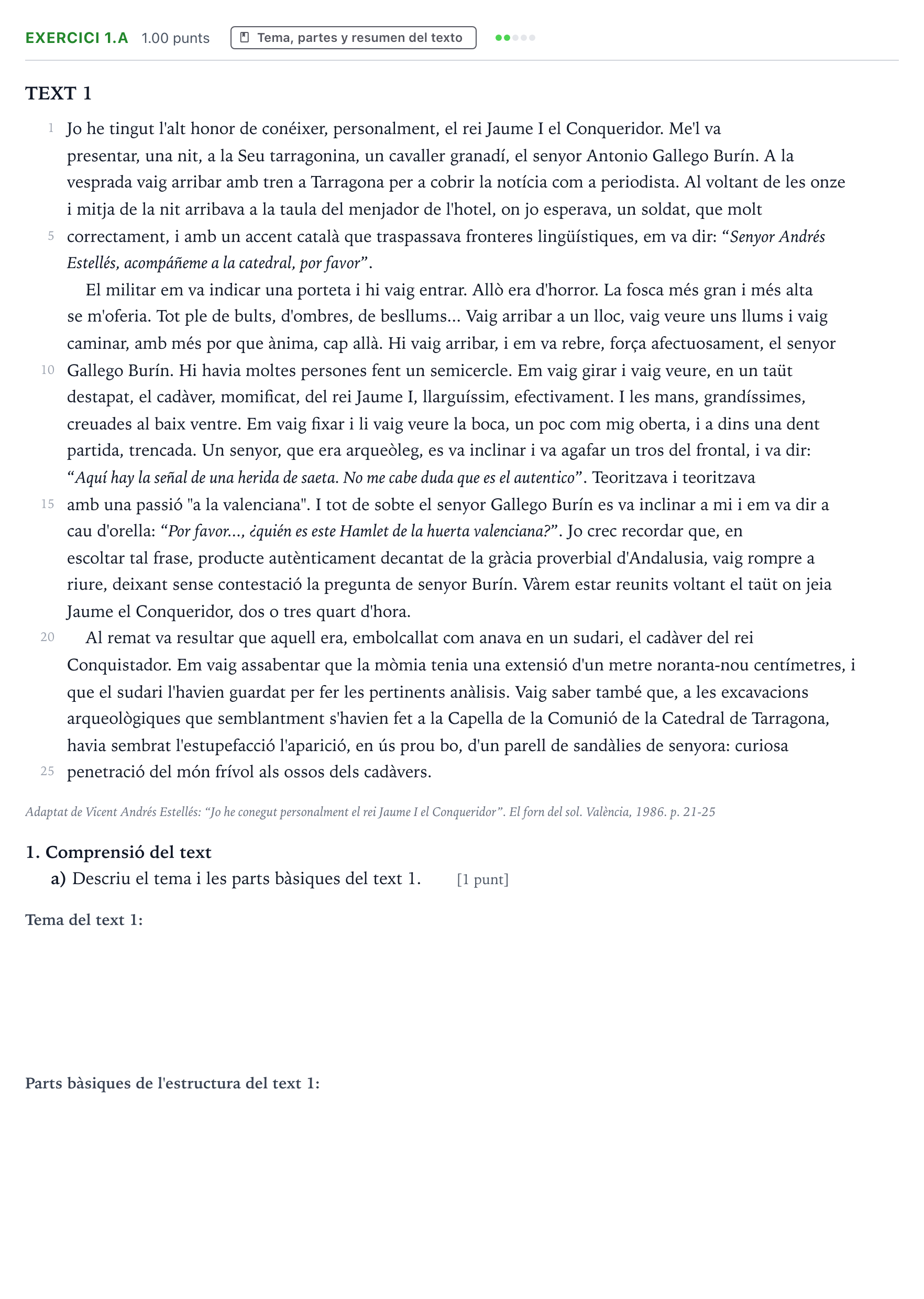 Enunciado: Ejercicio 1.a · Lengua Valenciana y Literatura II PAU Valencia Extraordinaria 2024