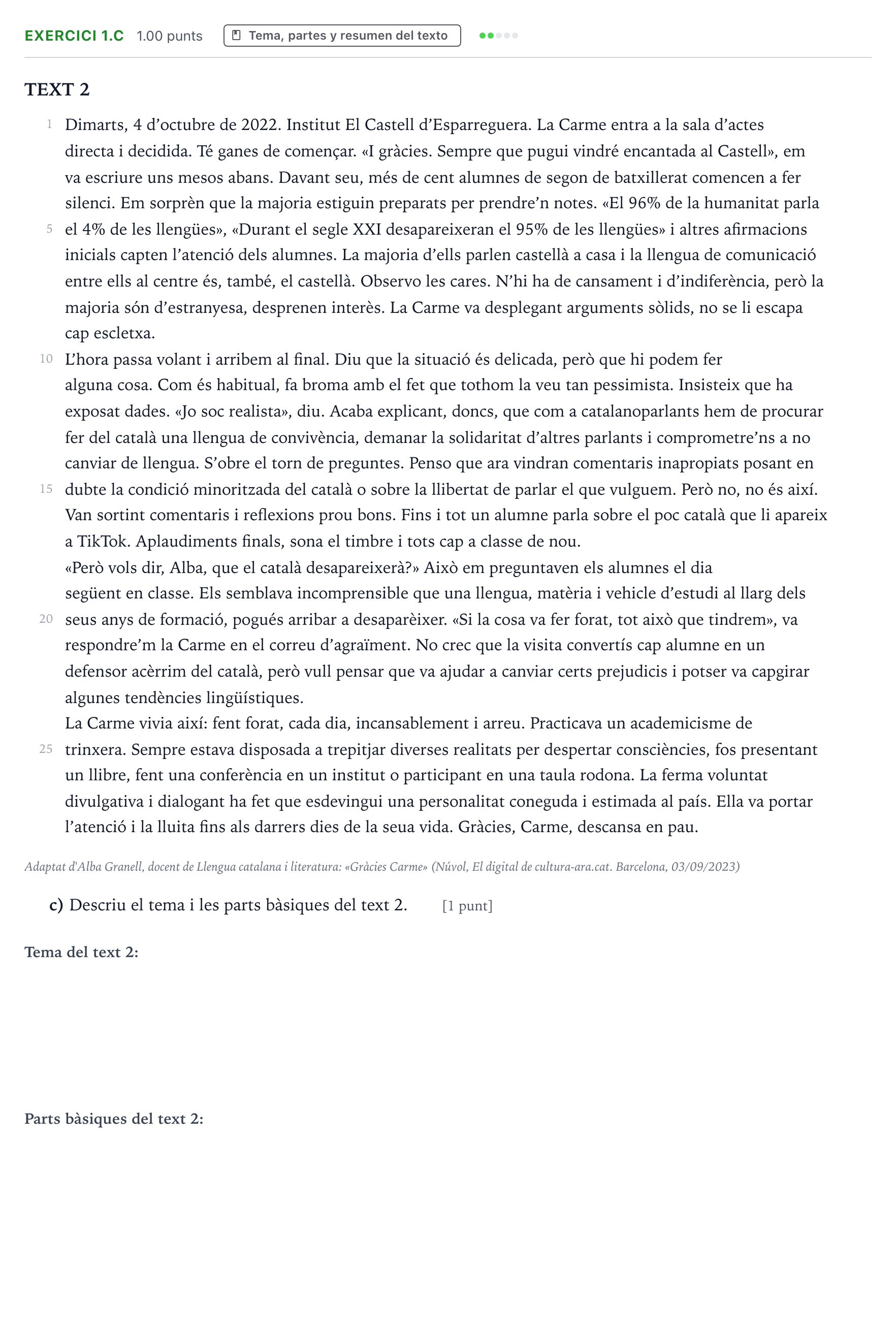 Enunciado: Ejercicio 1.c · Lengua Valenciana y Literatura II PAU Valencia Extraordinaria 2024