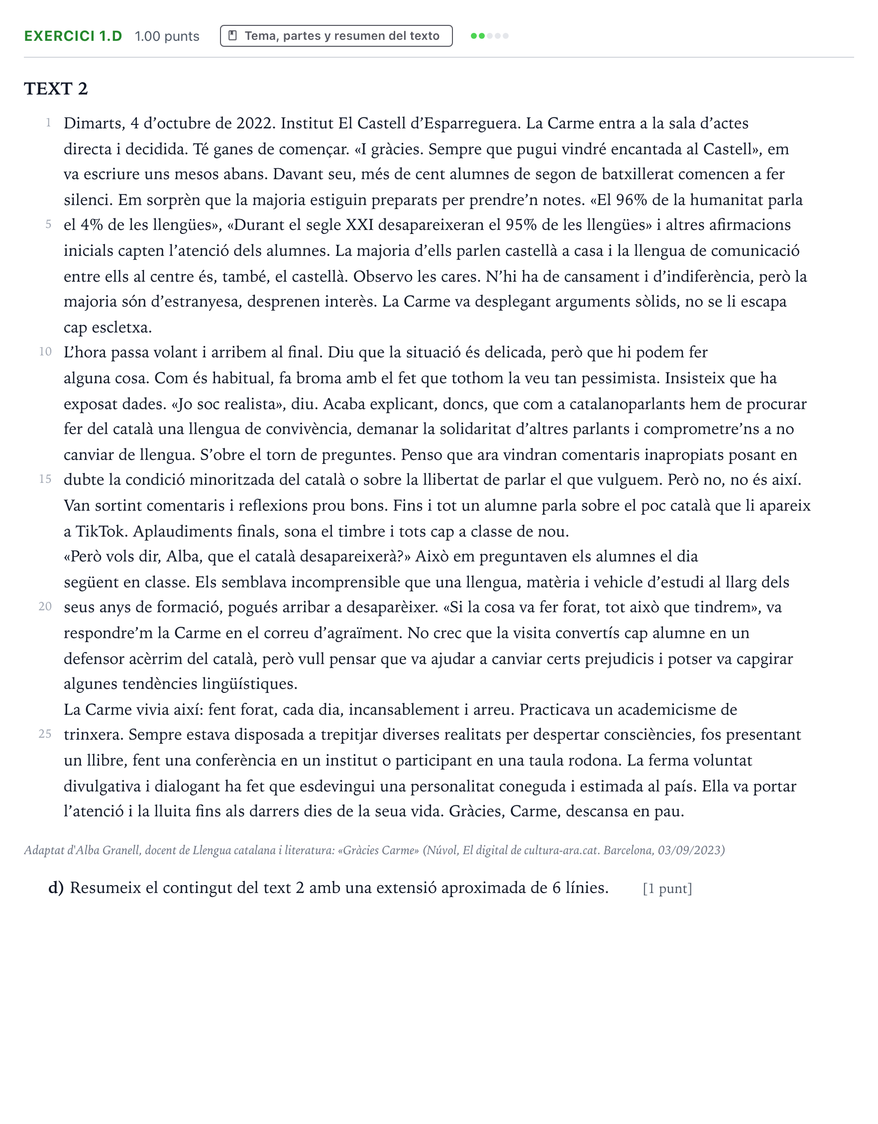 Enunciado: Ejercicio 1.d · Lengua Valenciana y Literatura II PAU Valencia Extraordinaria 2024