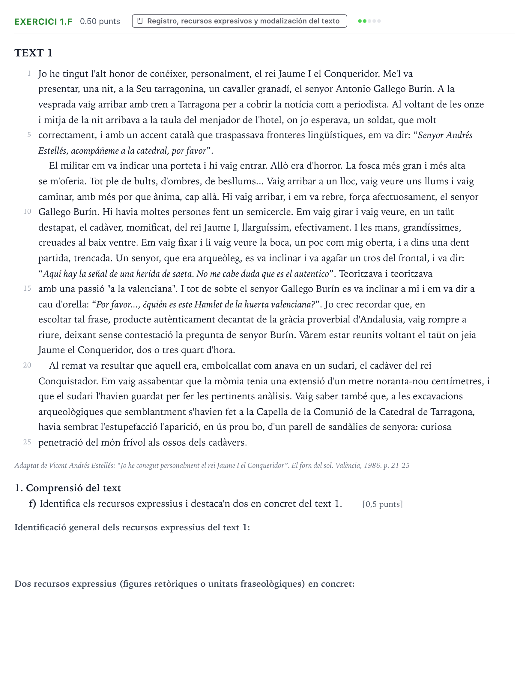 Enunciado: Ejercicio 1.f · Lengua Valenciana y Literatura II PAU Valencia Extraordinaria 2024