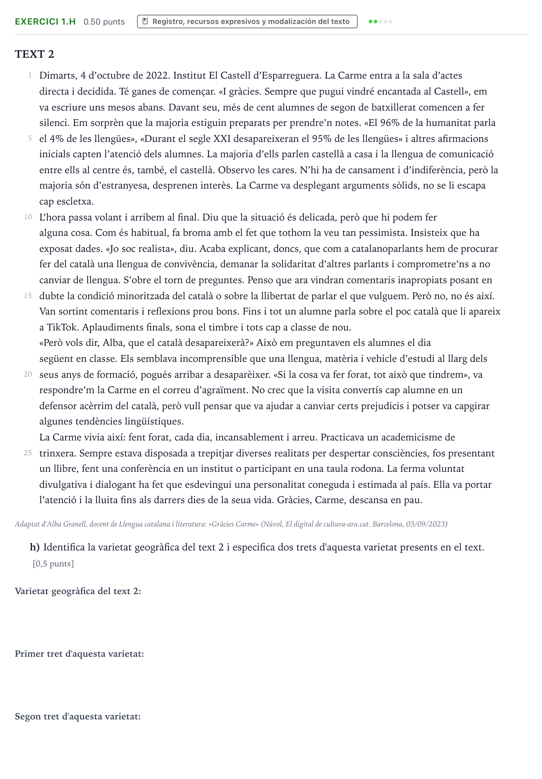 Enunciado: Ejercicio 1.h · Lengua Valenciana y Literatura II PAU Valencia Extraordinaria 2024