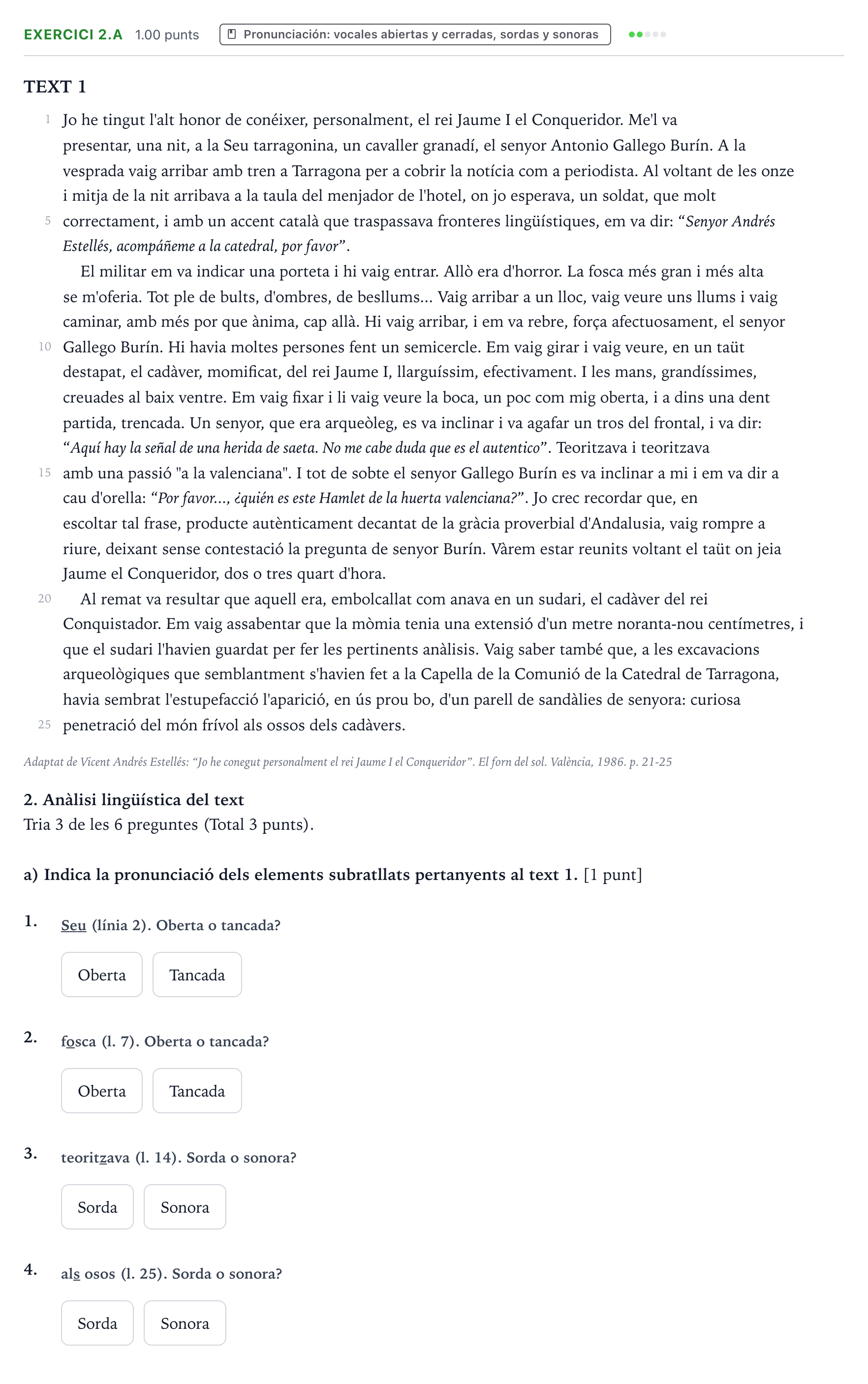 Enunciado: Ejercicio 2.a · Lengua Valenciana y Literatura II PAU Valencia Extraordinaria 2024