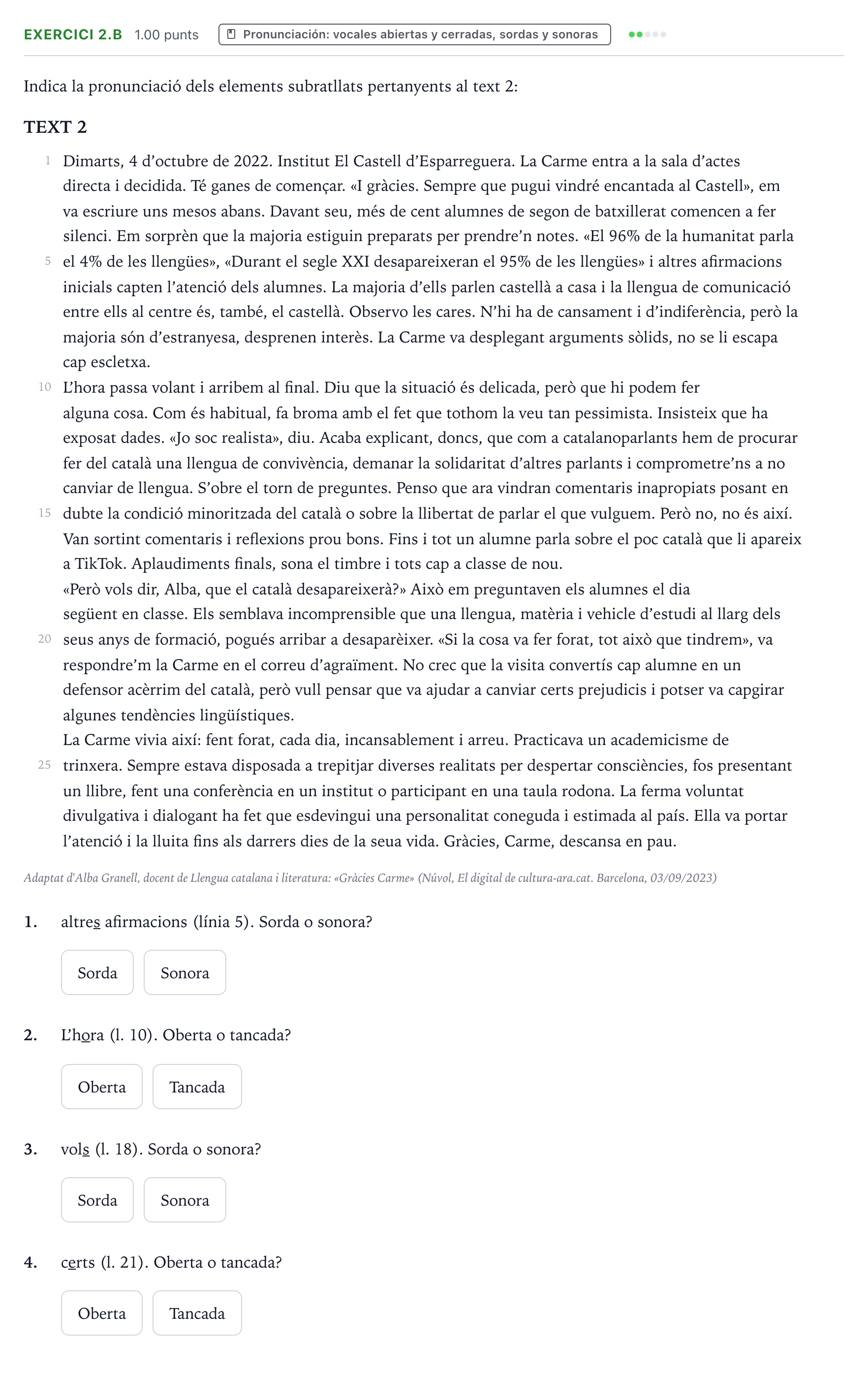 Enunciado: Ejercicio 2.b · Lengua Valenciana y Literatura II PAU Valencia Extraordinaria 2024
