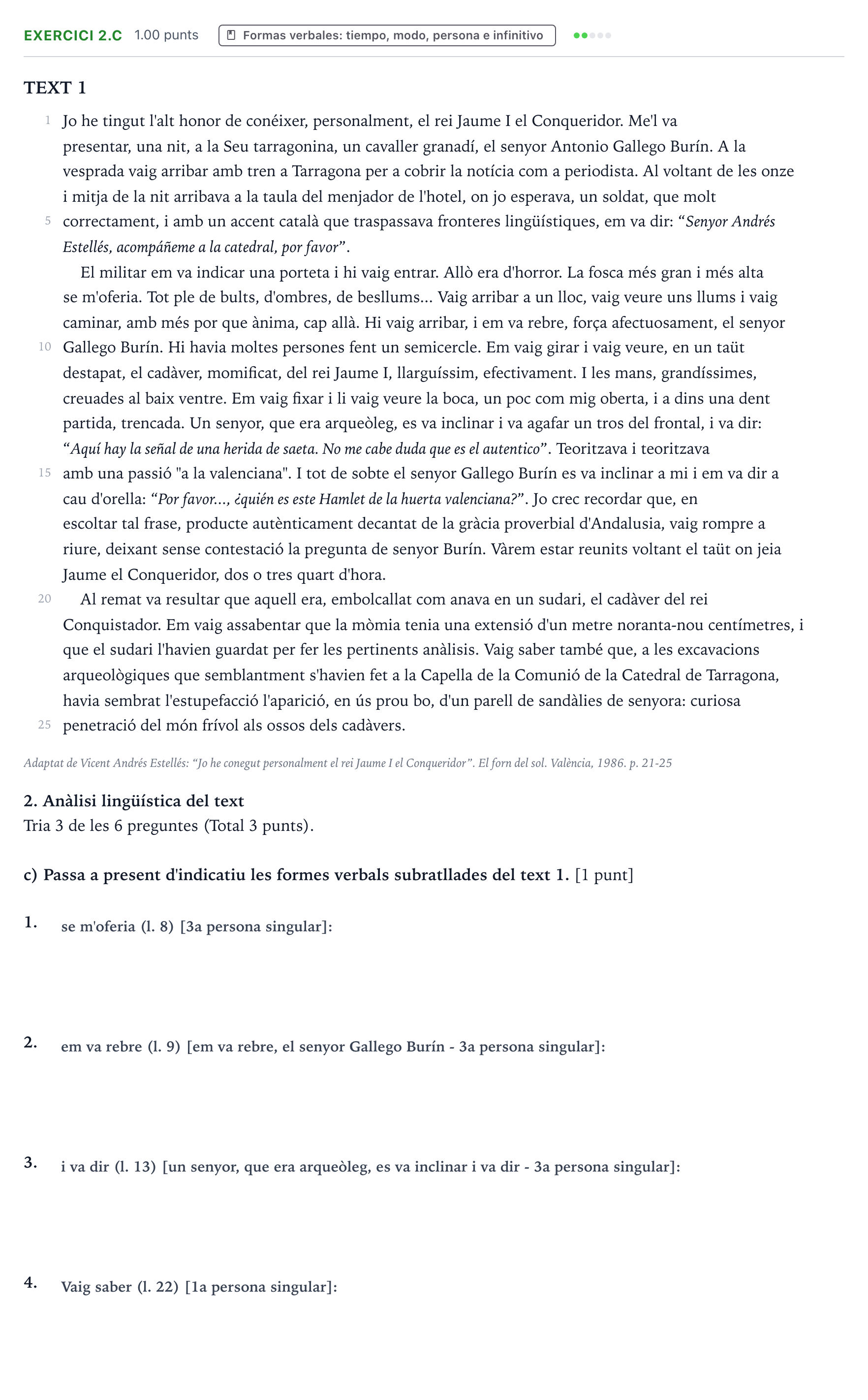 Enunciado: Ejercicio 2.c · Lengua Valenciana y Literatura II PAU Valencia Extraordinaria 2024