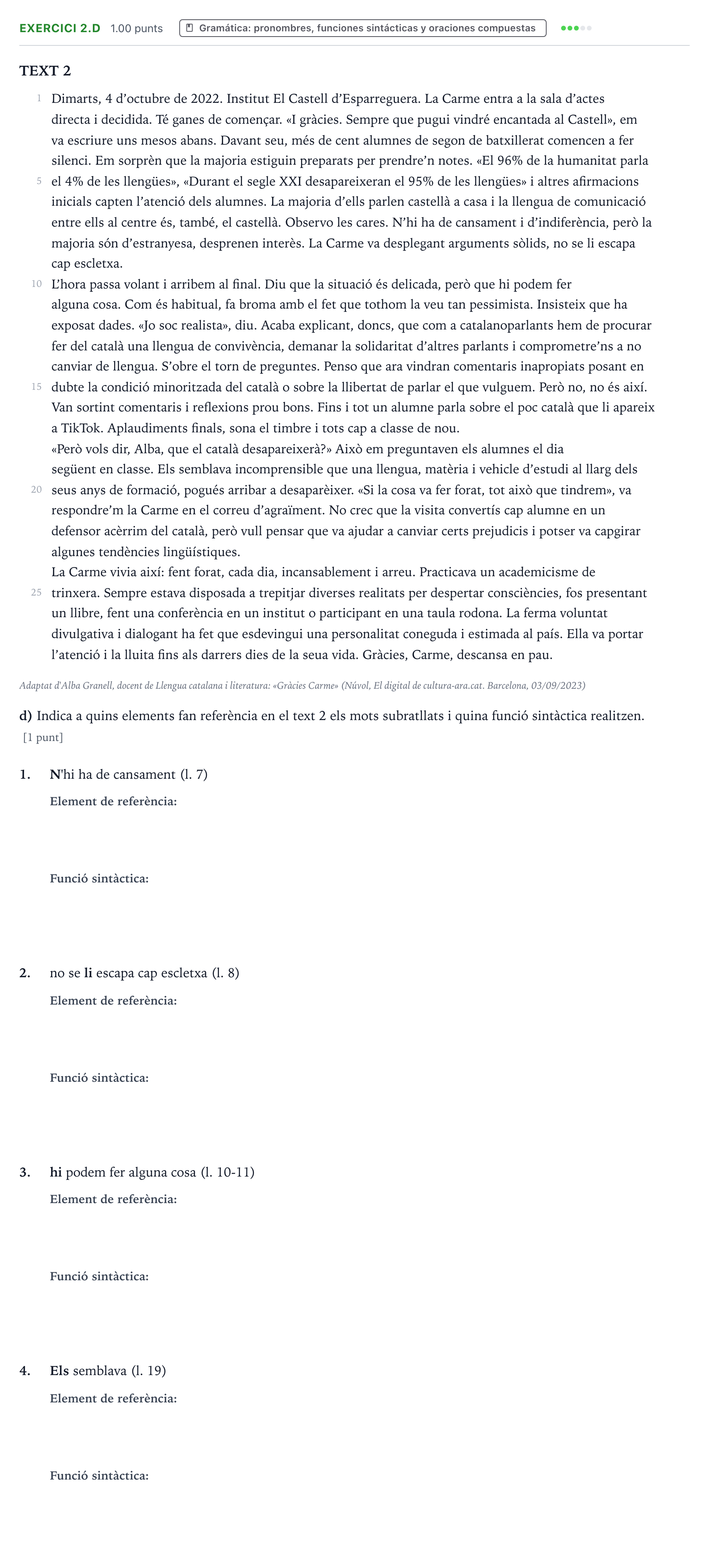 Enunciado: Ejercicio 2.d · Lengua Valenciana y Literatura II PAU Valencia Extraordinaria 2024