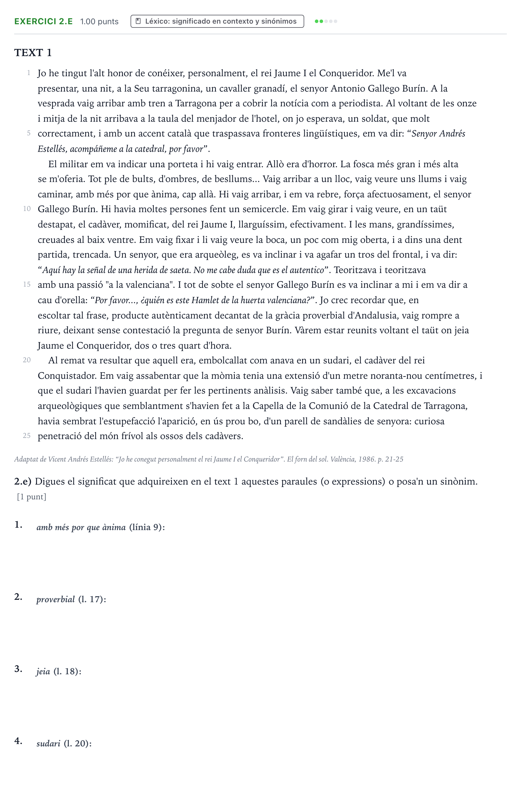 Enunciado: Ejercicio 2.e · Lengua Valenciana y Literatura II PAU Valencia Extraordinaria 2024
