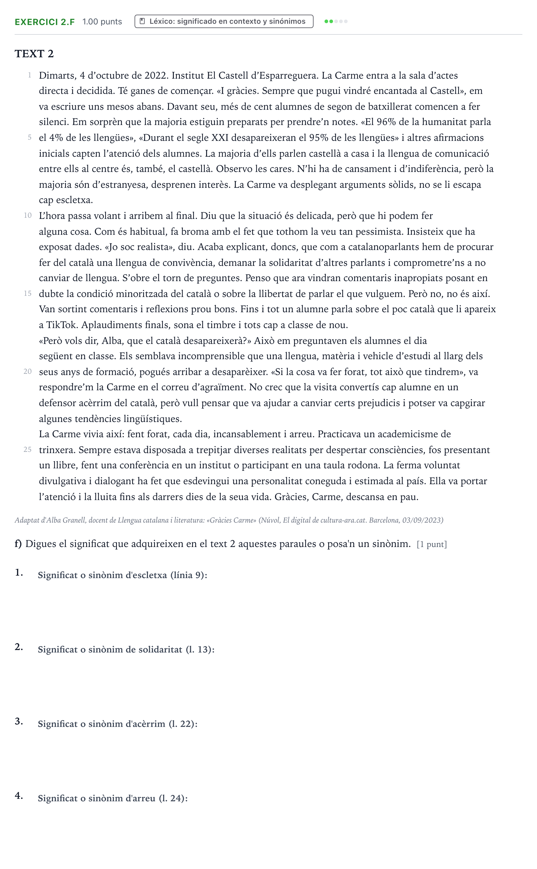 Enunciado: Ejercicio 2.f · Lengua Valenciana y Literatura II PAU Valencia Extraordinaria 2024