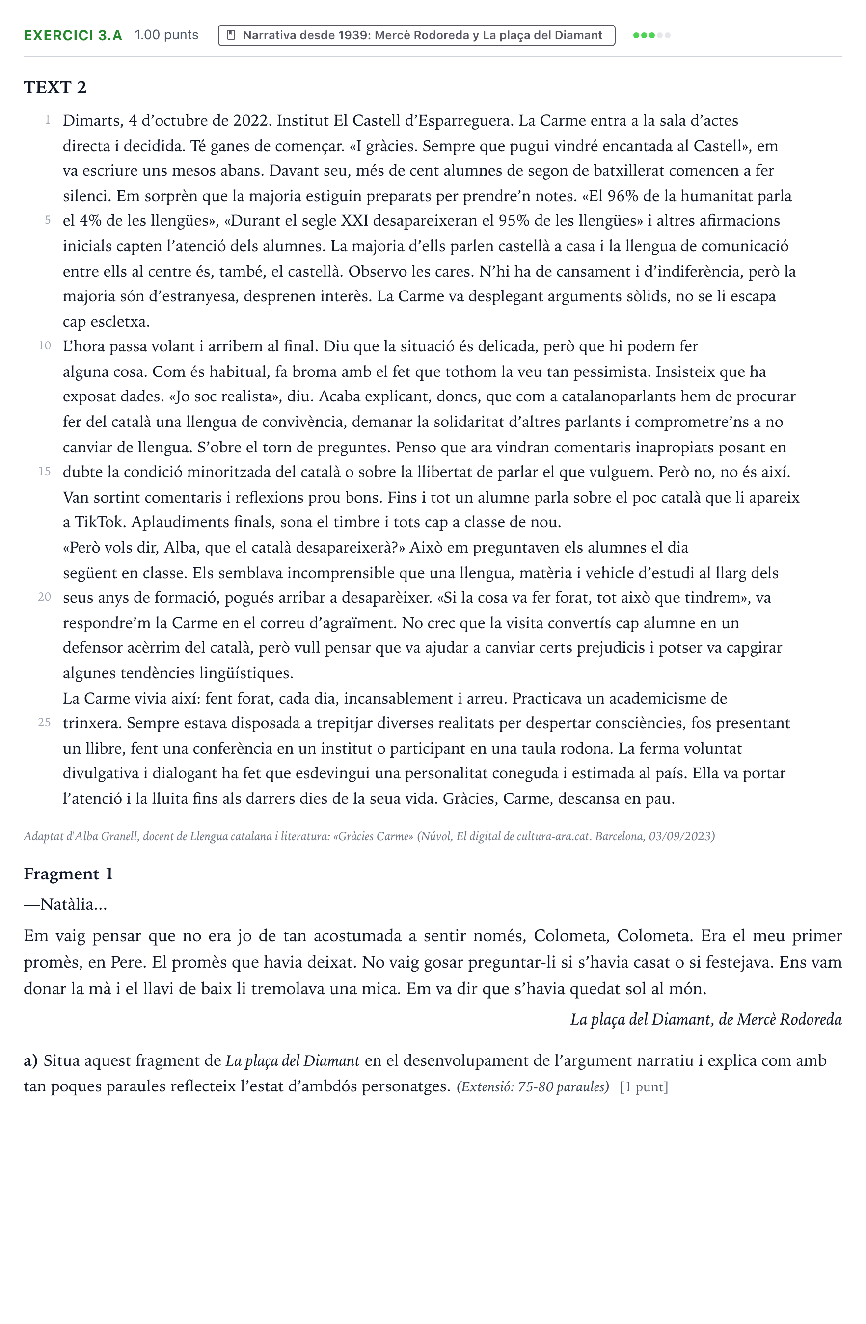 Enunciado: Ejercicio 3.a · Lengua Valenciana y Literatura II PAU Valencia Extraordinaria 2024