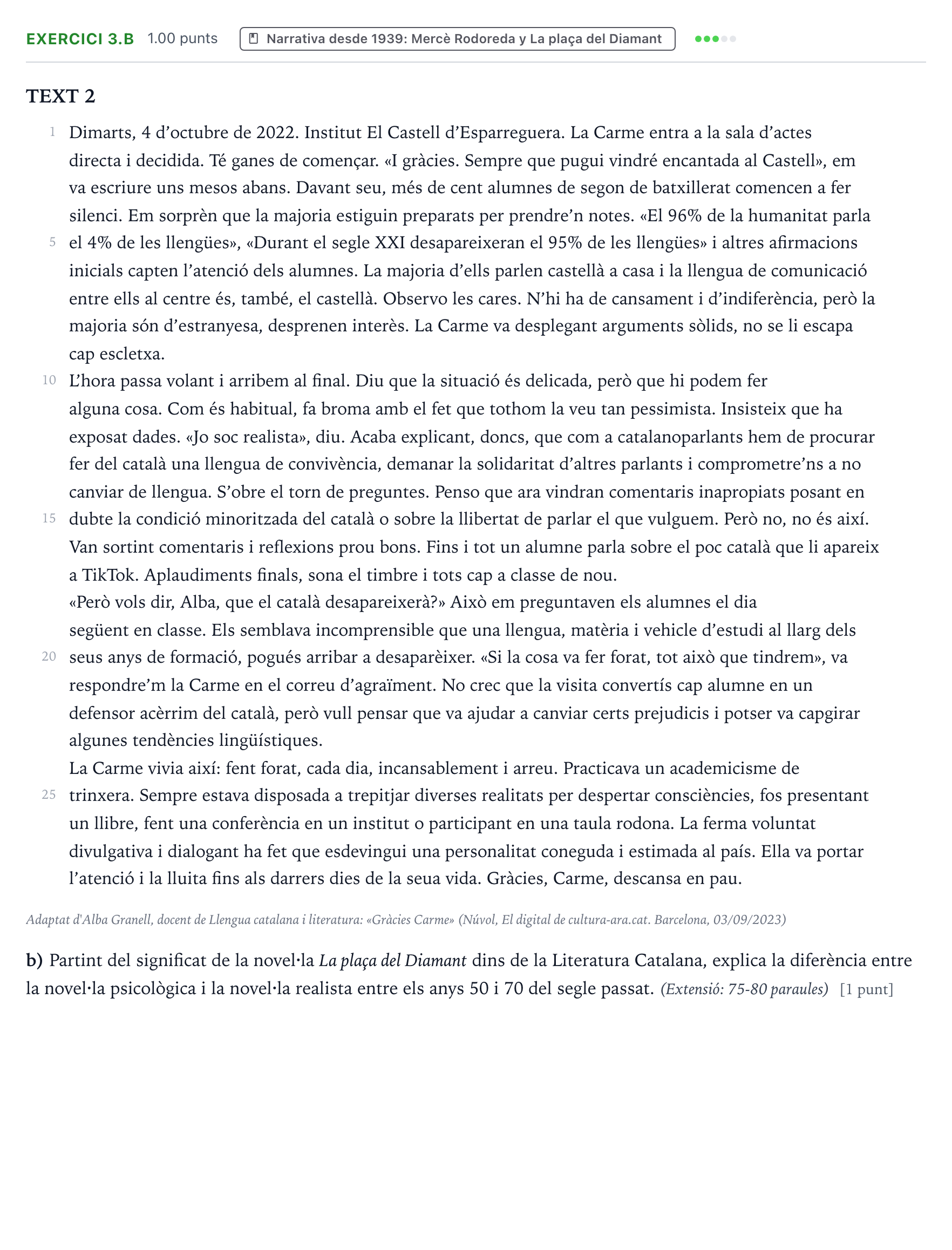 Enunciado: Ejercicio 3.b · Lengua Valenciana y Literatura II PAU Valencia Extraordinaria 2024