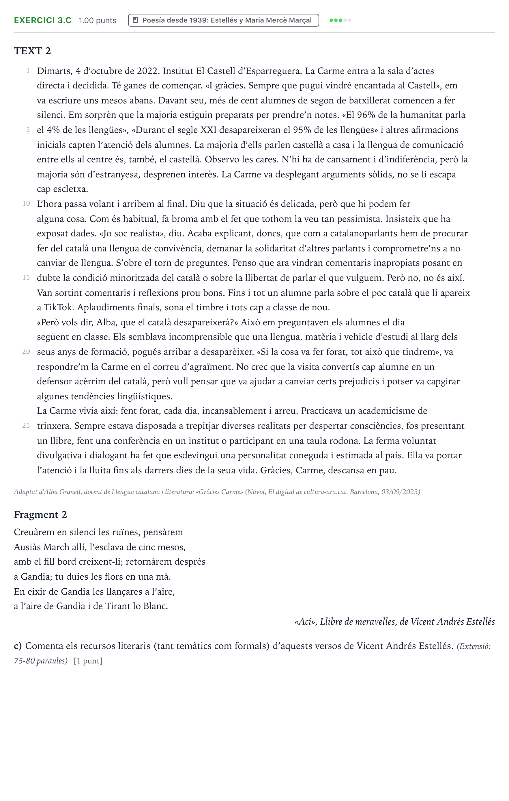 Enunciado: Ejercicio 3.c · Lengua Valenciana y Literatura II PAU Valencia Extraordinaria 2024