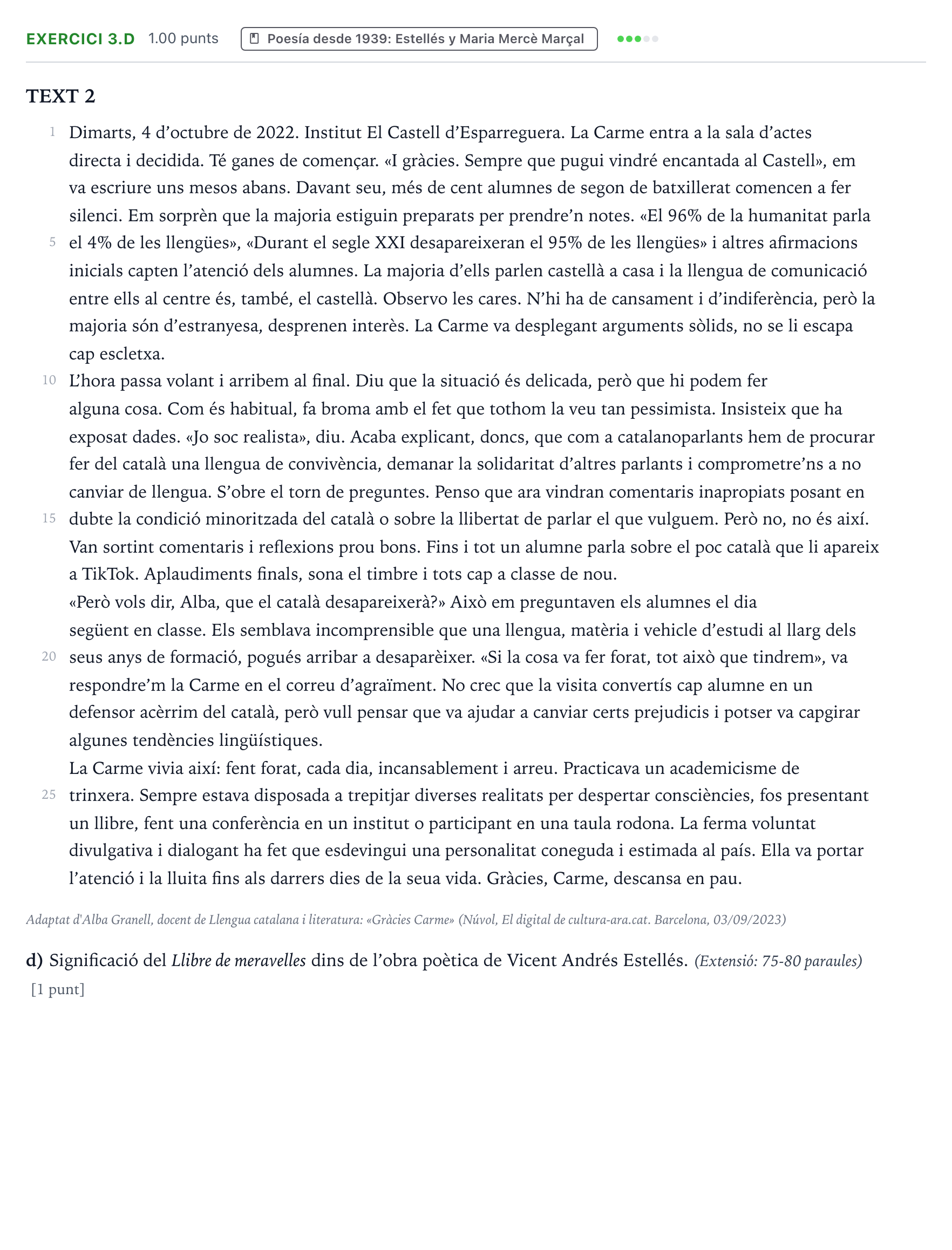Enunciado: Ejercicio 3.d · Lengua Valenciana y Literatura II PAU Valencia Extraordinaria 2024