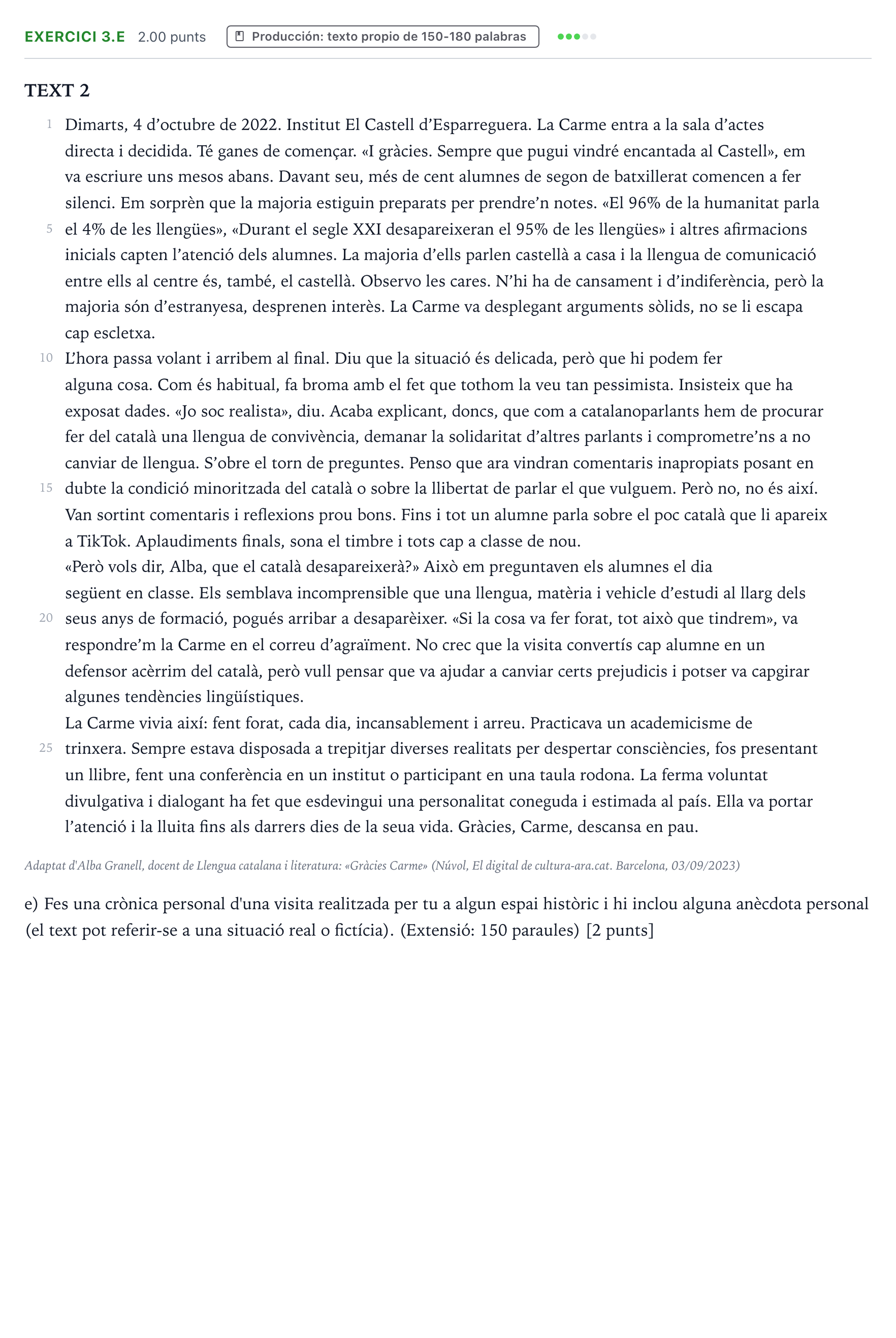 Enunciado: Ejercicio 3.e · Lengua Valenciana y Literatura II PAU Valencia Extraordinaria 2024