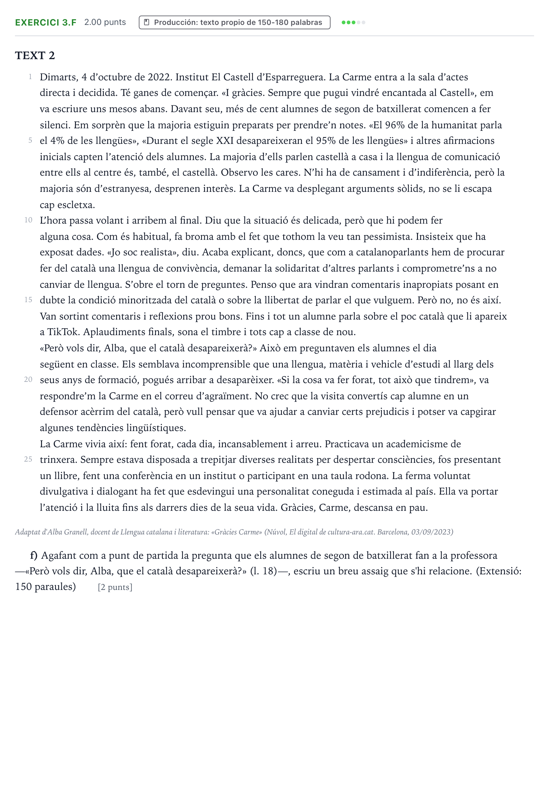 Enunciado: Ejercicio 3.f · Lengua Valenciana y Literatura II PAU Valencia Extraordinaria 2024