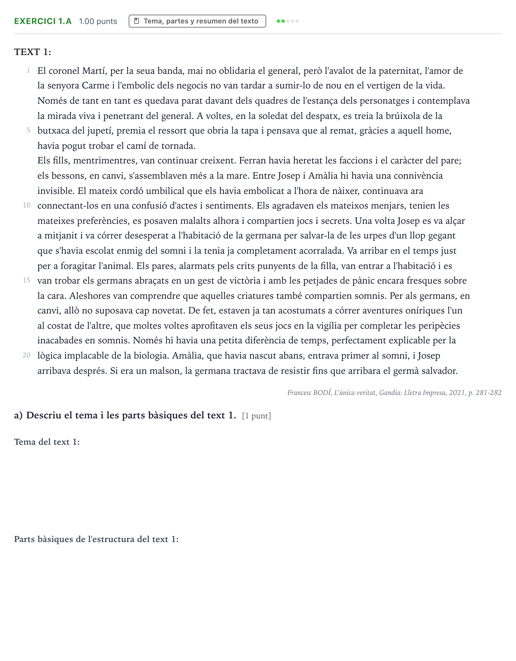 Enunciado: Ejercicio 1.a · Lengua Valenciana y Literatura II PAU Valencia Ordinaria 2024