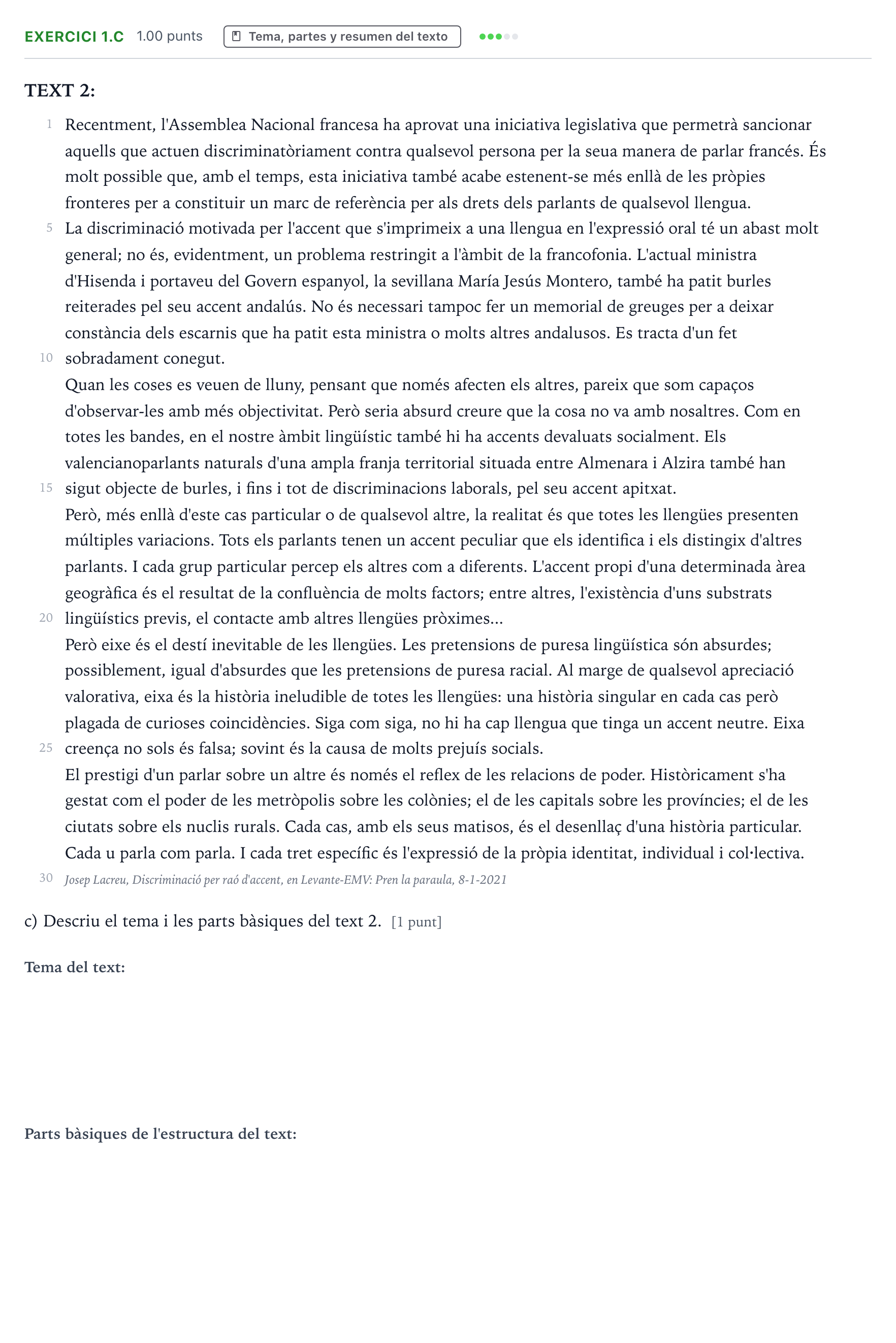 Enunciado: Ejercicio 1.c · Lengua Valenciana y Literatura II PAU Valencia Ordinaria 2024