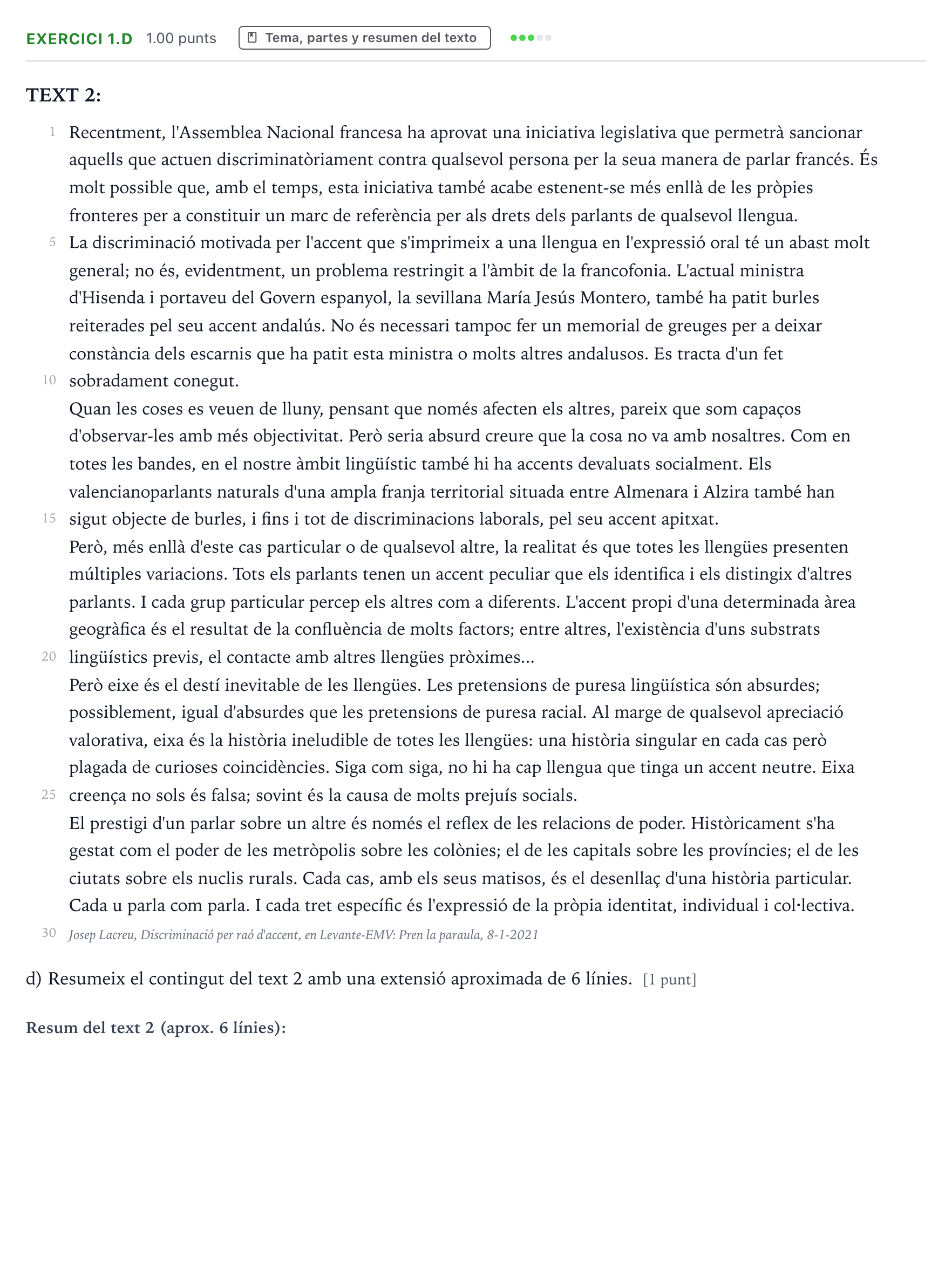 Enunciado: Ejercicio 1.d · Lengua Valenciana y Literatura II PAU Valencia Ordinaria 2024