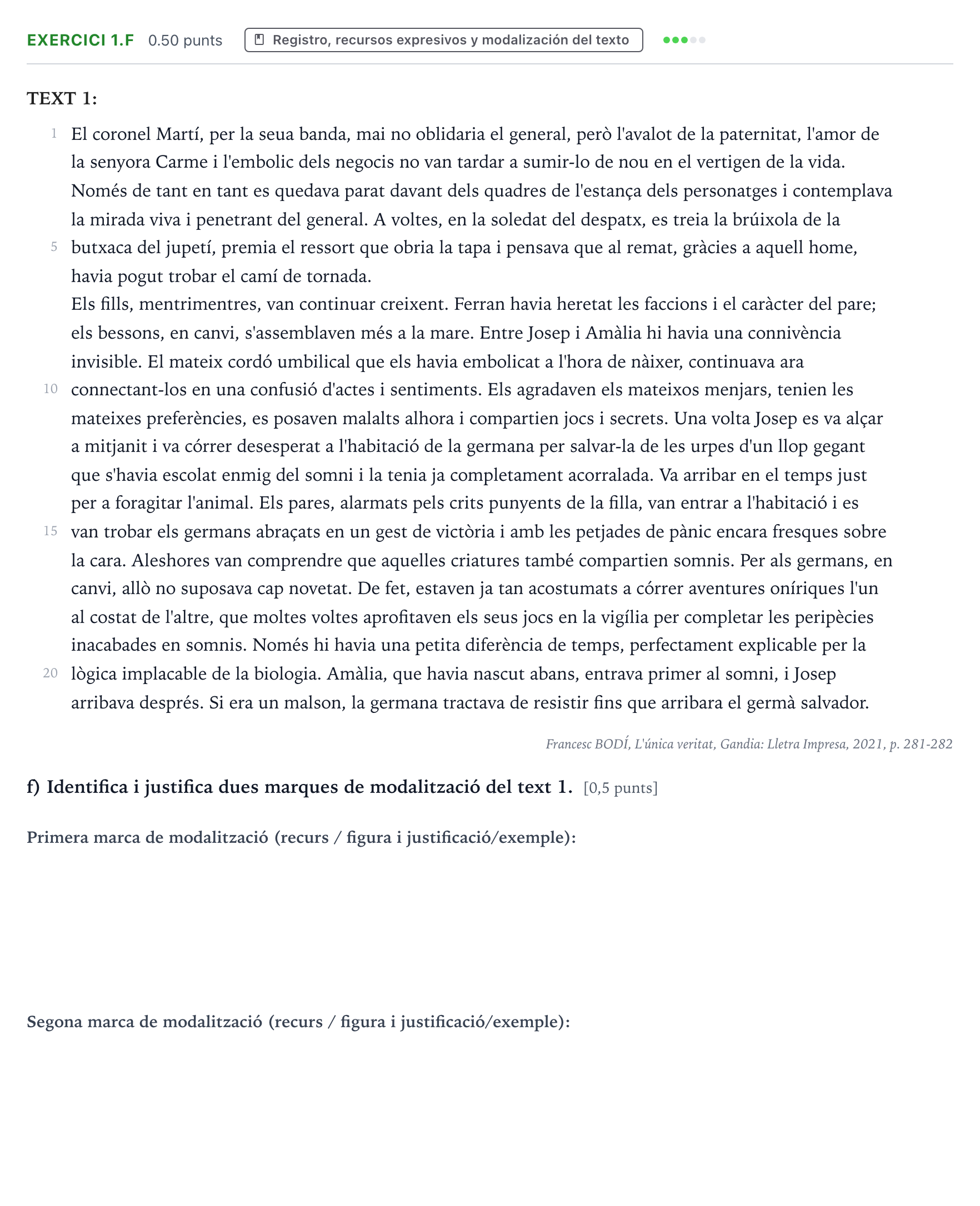 Enunciado: Ejercicio 1.f · Lengua Valenciana y Literatura II PAU Valencia Ordinaria 2024