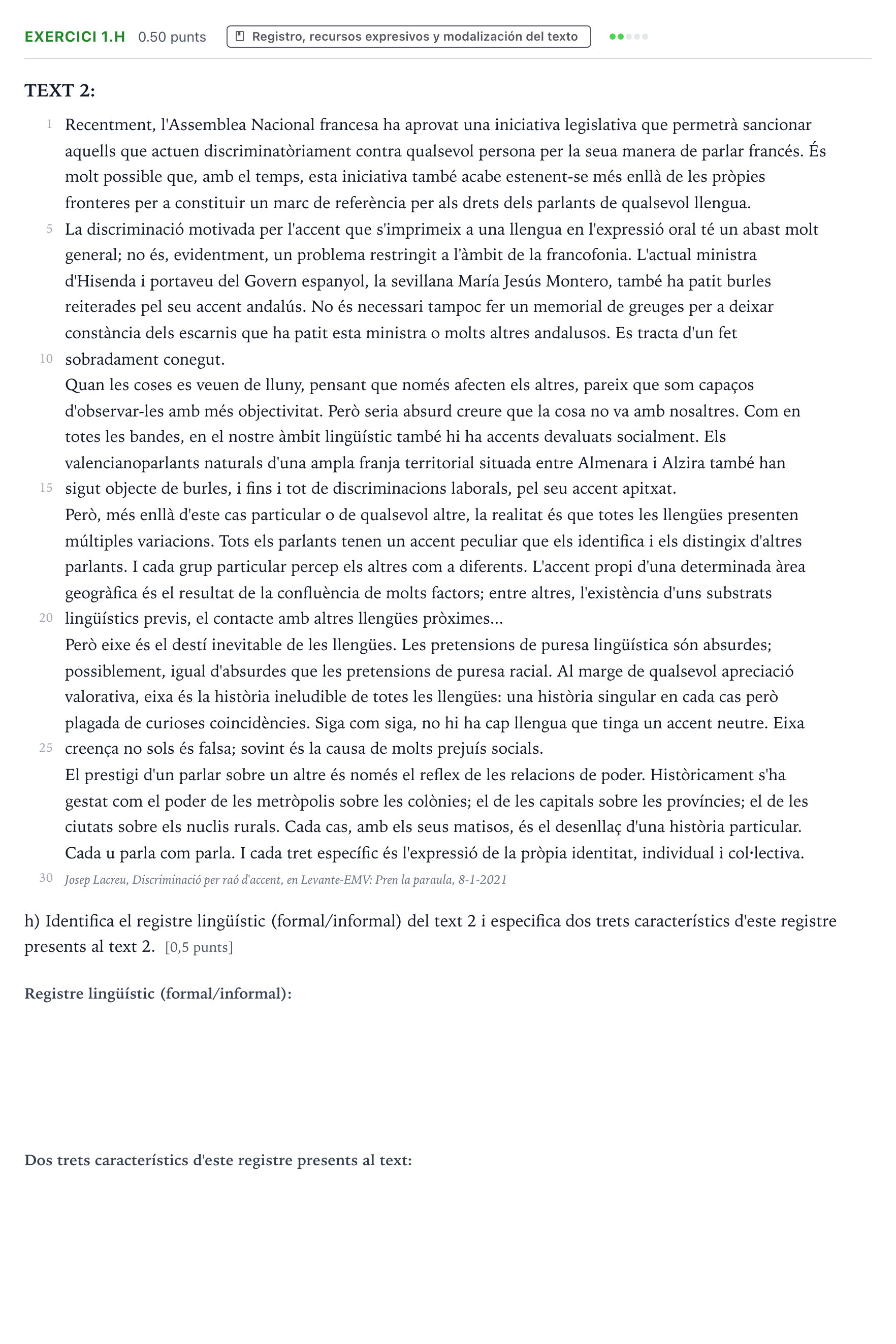 Enunciado: Ejercicio 1.h · Lengua Valenciana y Literatura II PAU Valencia Ordinaria 2024