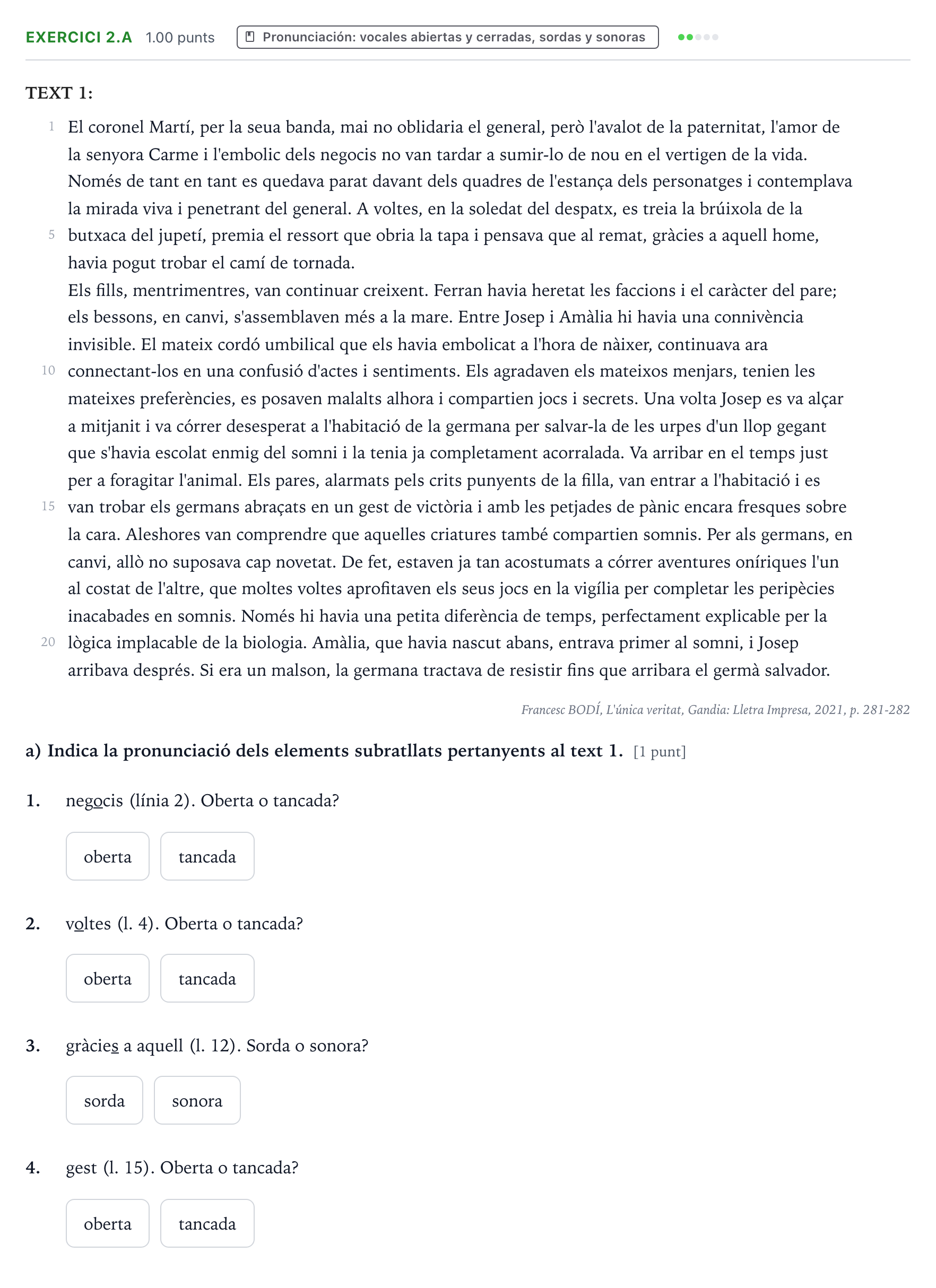 Enunciado: Ejercicio 2.a · Lengua Valenciana y Literatura II PAU Valencia Ordinaria 2024