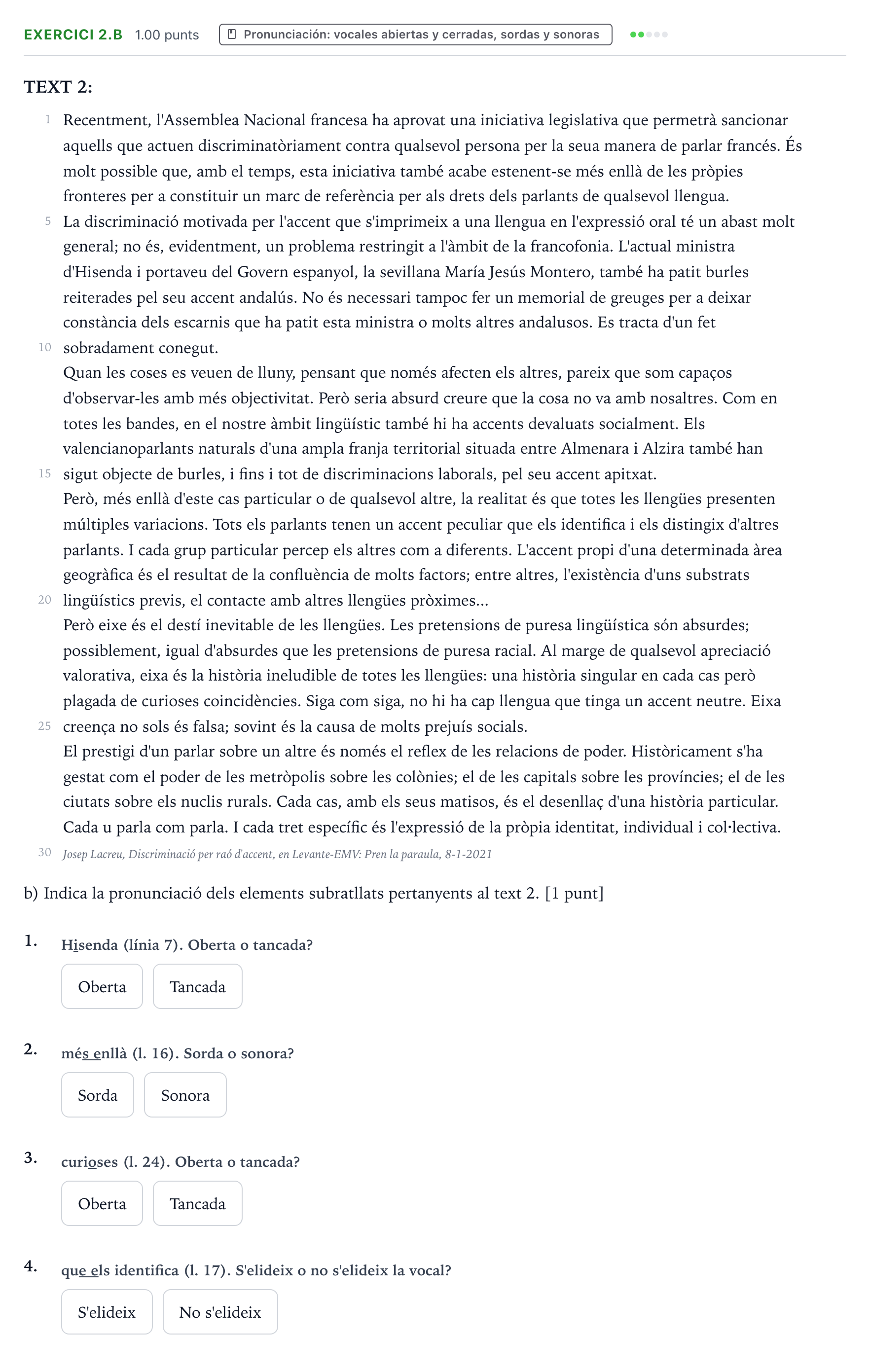 Enunciado: Ejercicio 2.b · Lengua Valenciana y Literatura II PAU Valencia Ordinaria 2024