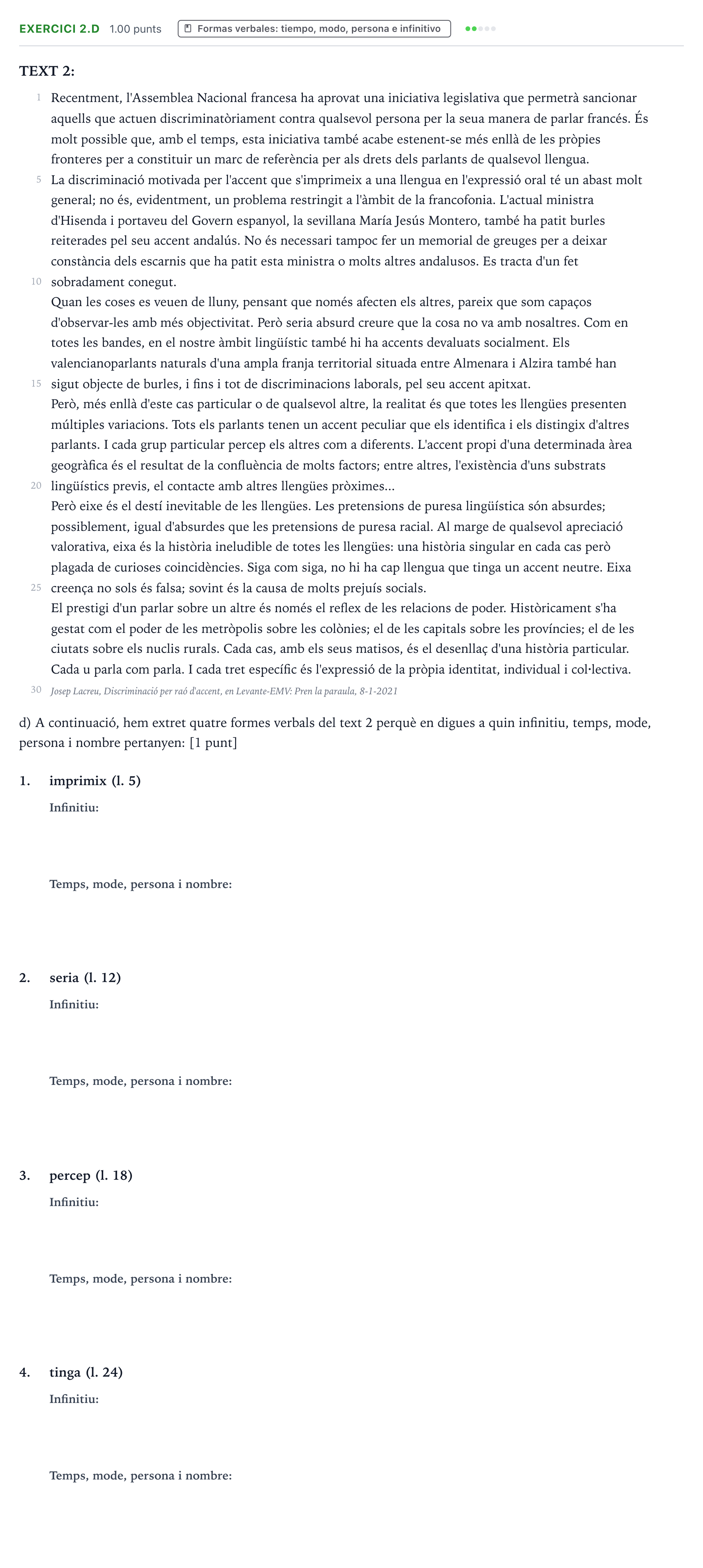 Enunciado: Ejercicio 2.d · Lengua Valenciana y Literatura II PAU Valencia Ordinaria 2024