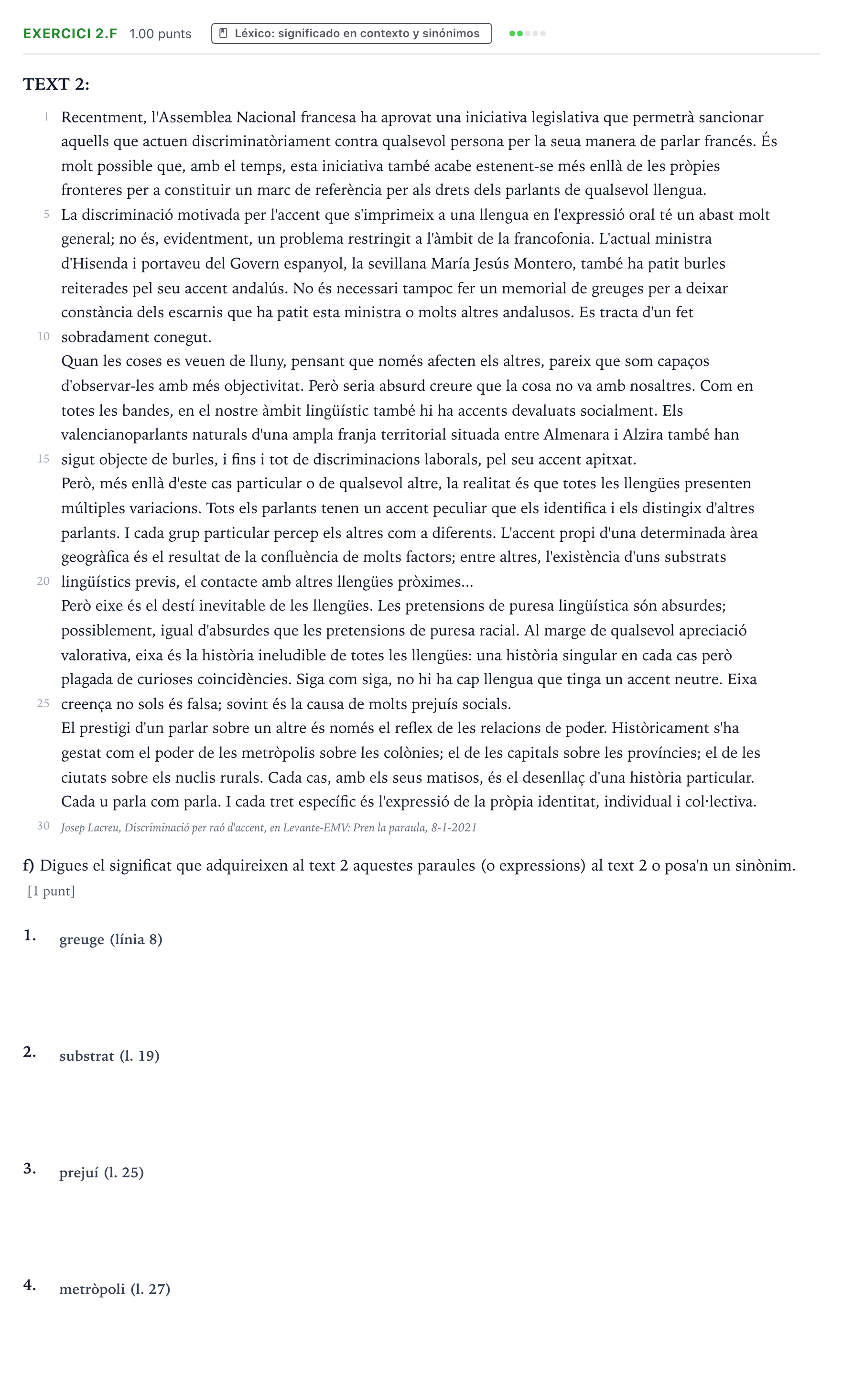Enunciado: Ejercicio 2.f · Lengua Valenciana y Literatura II PAU Valencia Ordinaria 2024