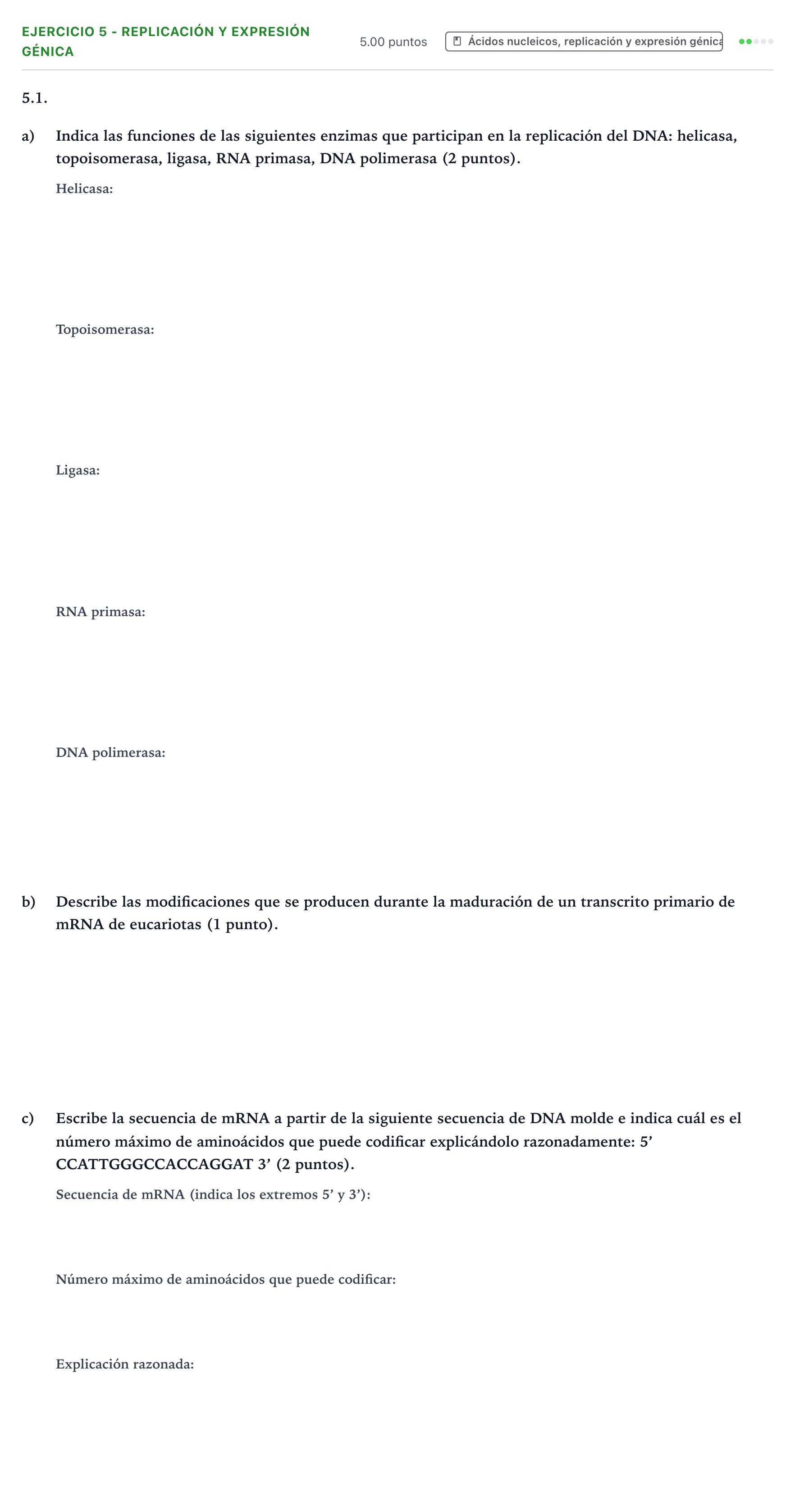 Enunciado: Ejercicio 5 - Replicación y expresión génica · Biología PAU Valencia Ordinaria 2023
