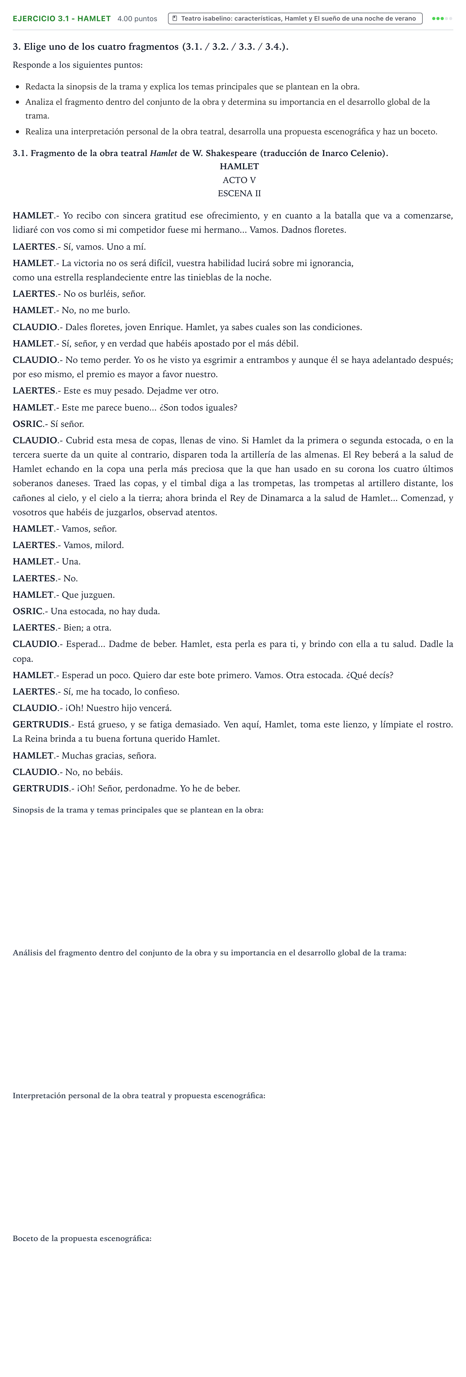 Enunciado: Ejercicio 3.1 - Hamlet · Artes Escénicas PAU Valencia Ordinaria 2023