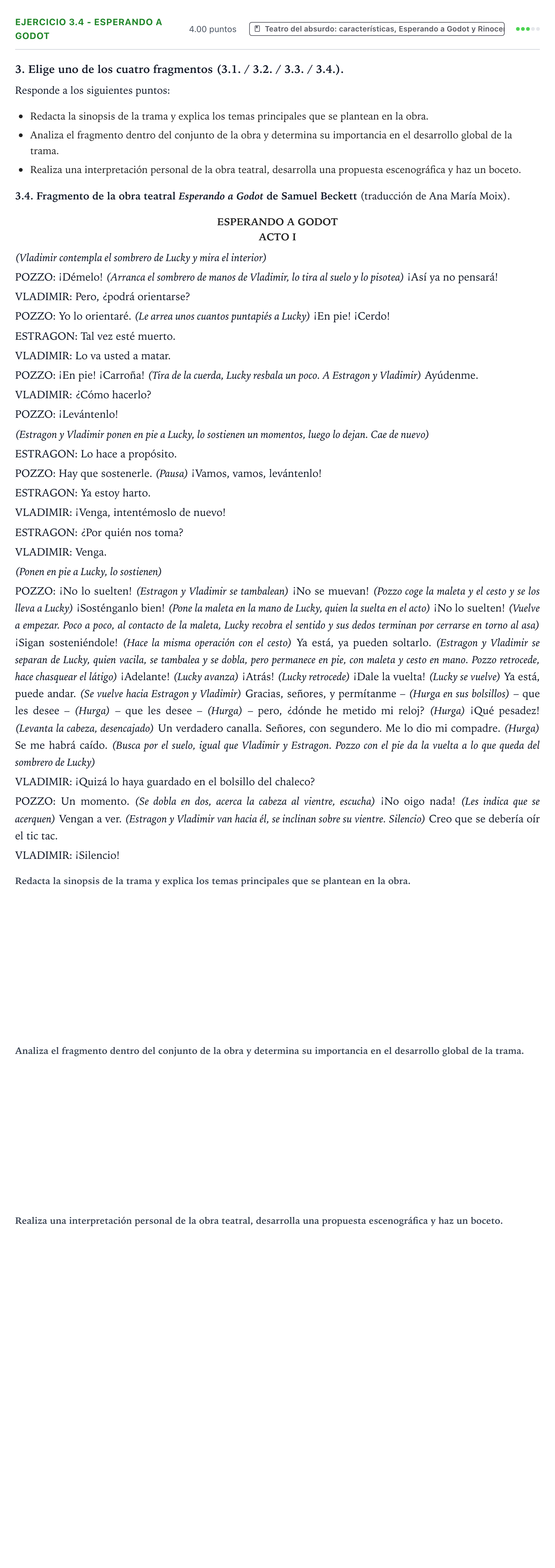 Enunciado: Ejercicio 3.4 - Esperando a Godot · Artes Escénicas PAU Valencia Ordinaria 2023