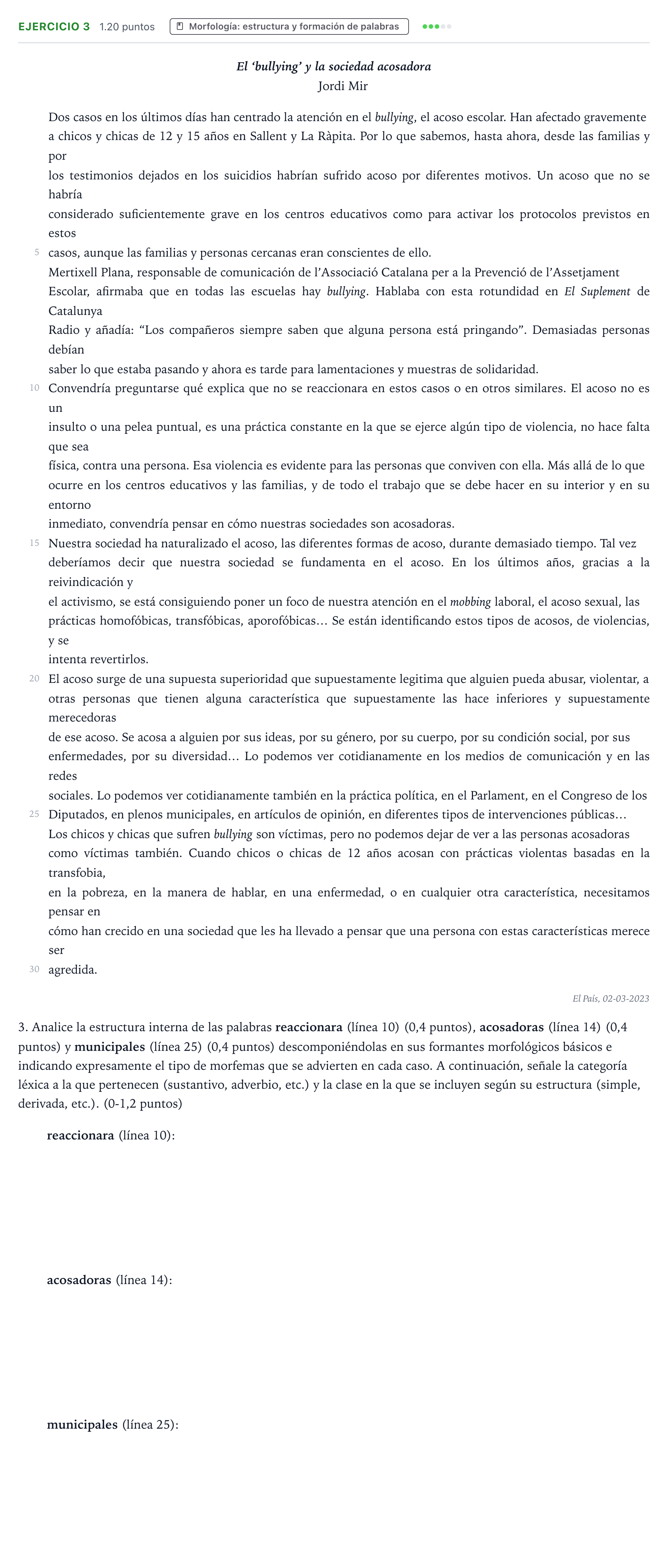 Enunciado: Problema 3 · Lengua Castellana y Literatura II PAU Valencia Extraordinaria 2023