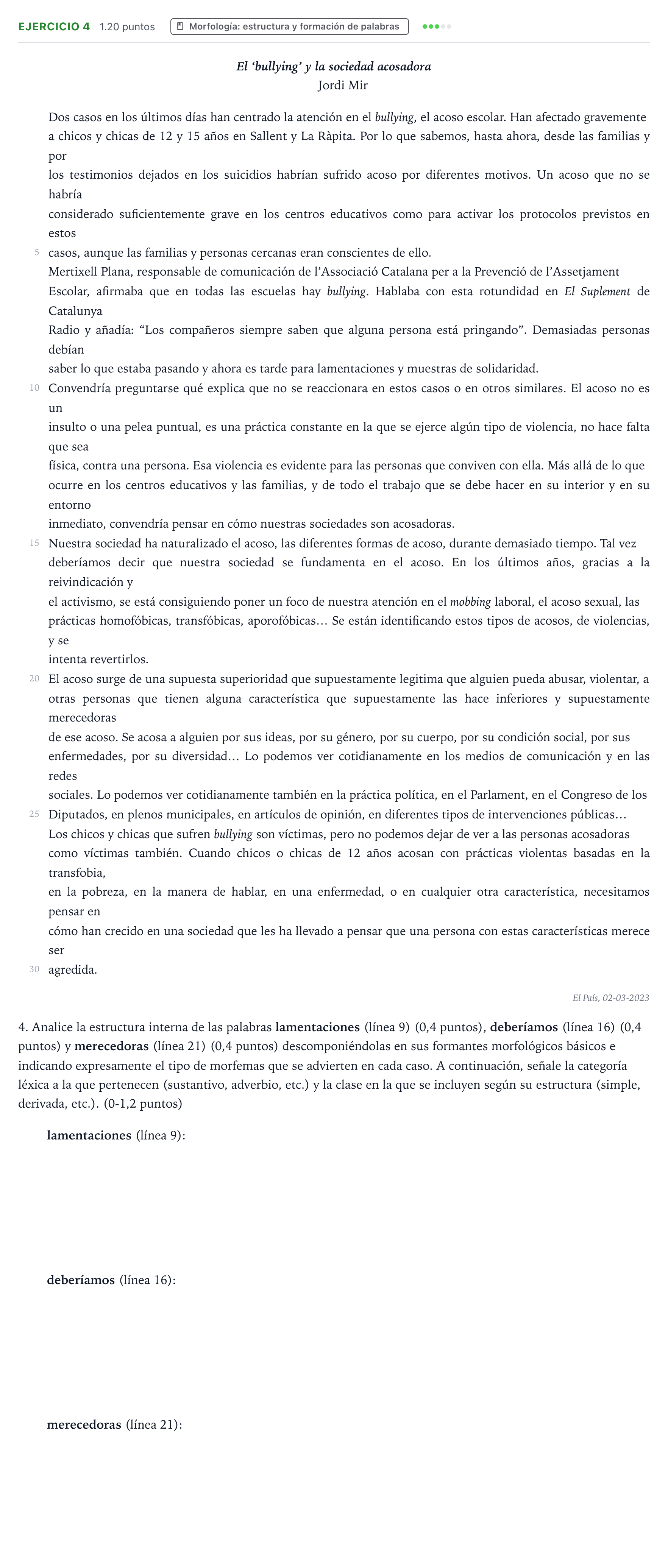 Enunciado: Problema 4 · Lengua Castellana y Literatura II PAU Valencia Extraordinaria 2023