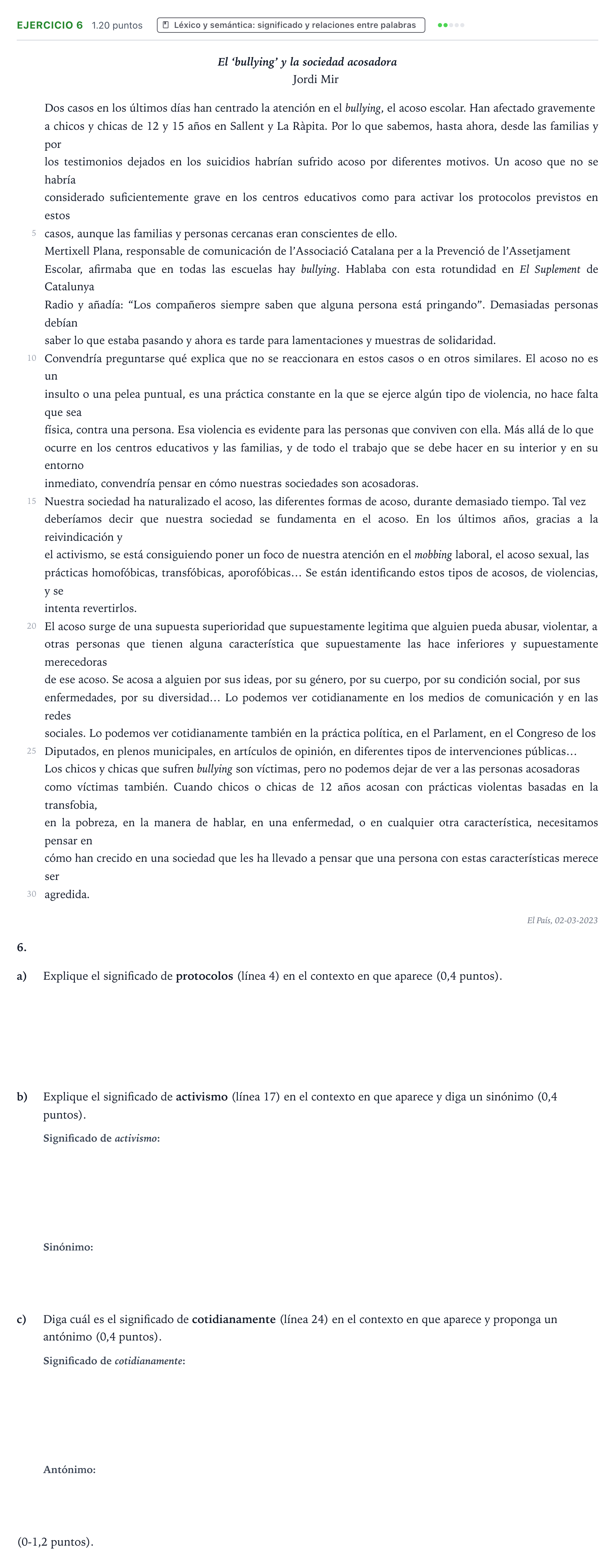 Enunciado: Problema 6 · Lengua Castellana y Literatura II PAU Valencia Extraordinaria 2023