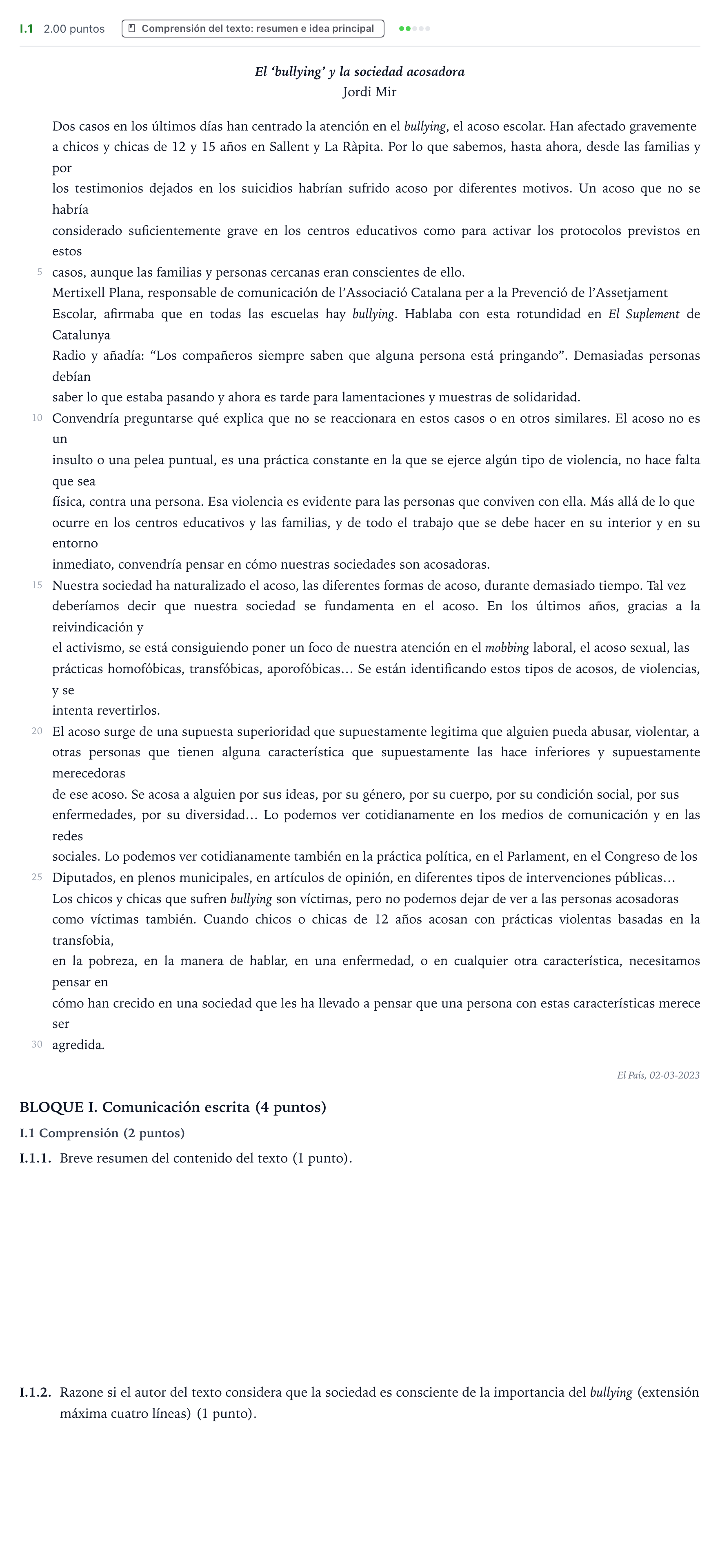 Enunciado: Ejercicio I.1 - Comprensión · Lengua Castellana y Literatura II PAU Valencia Extraordinaria 2023