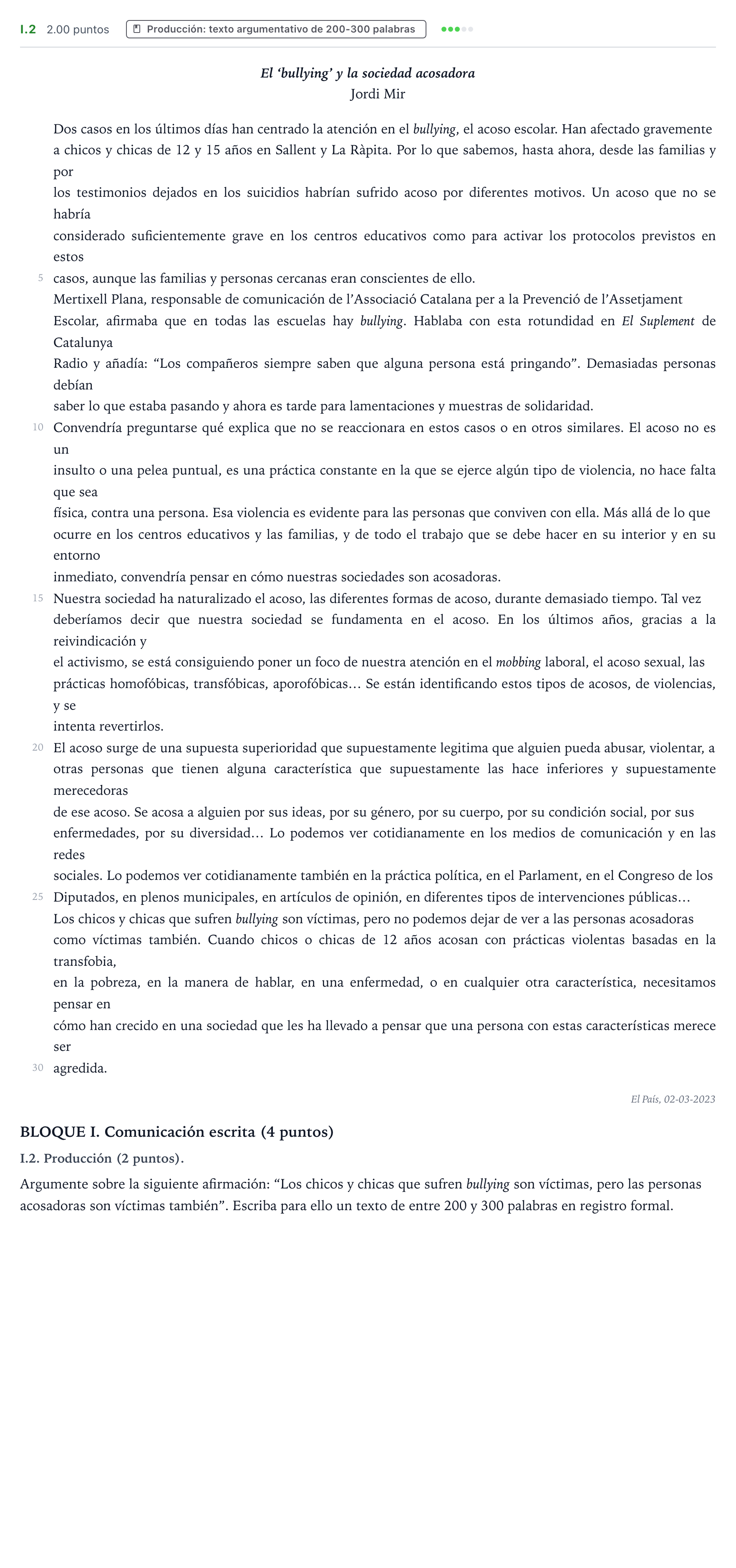 Enunciado: Ejercicio I.2 - Producción · Lengua Castellana y Literatura II PAU Valencia Extraordinaria 2023