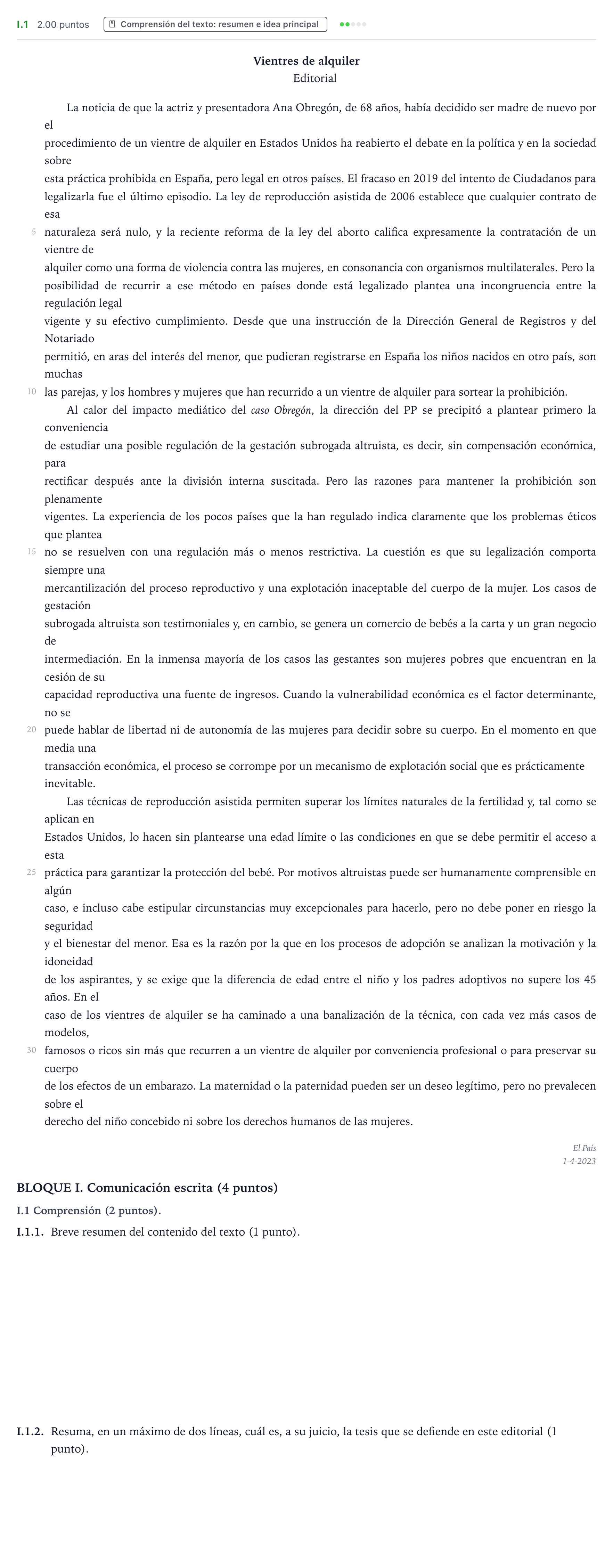 Enunciado: Ejercicio I.1 - Comprensión · Lengua Castellana y Literatura II PAU Valencia Ordinaria 2023