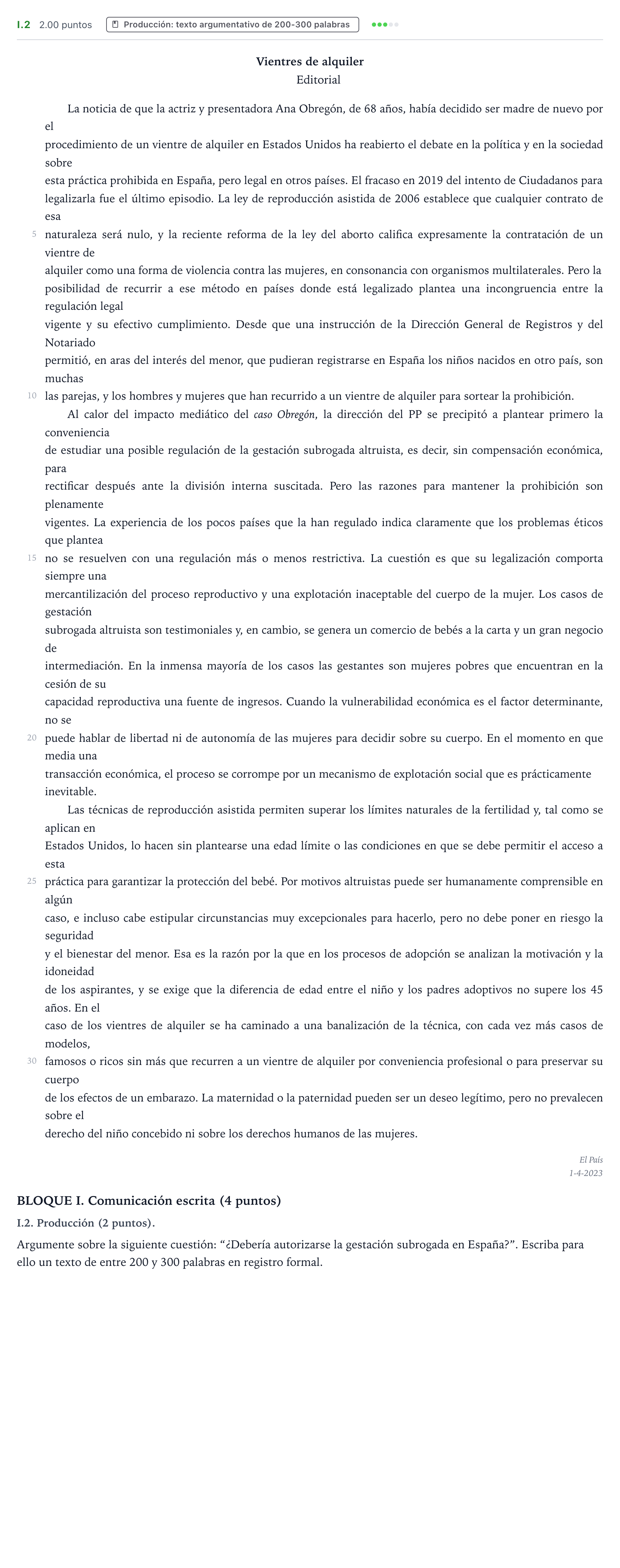 Enunciado: Ejercicio I.2 - Producción · Lengua Castellana y Literatura II PAU Valencia Ordinaria 2023