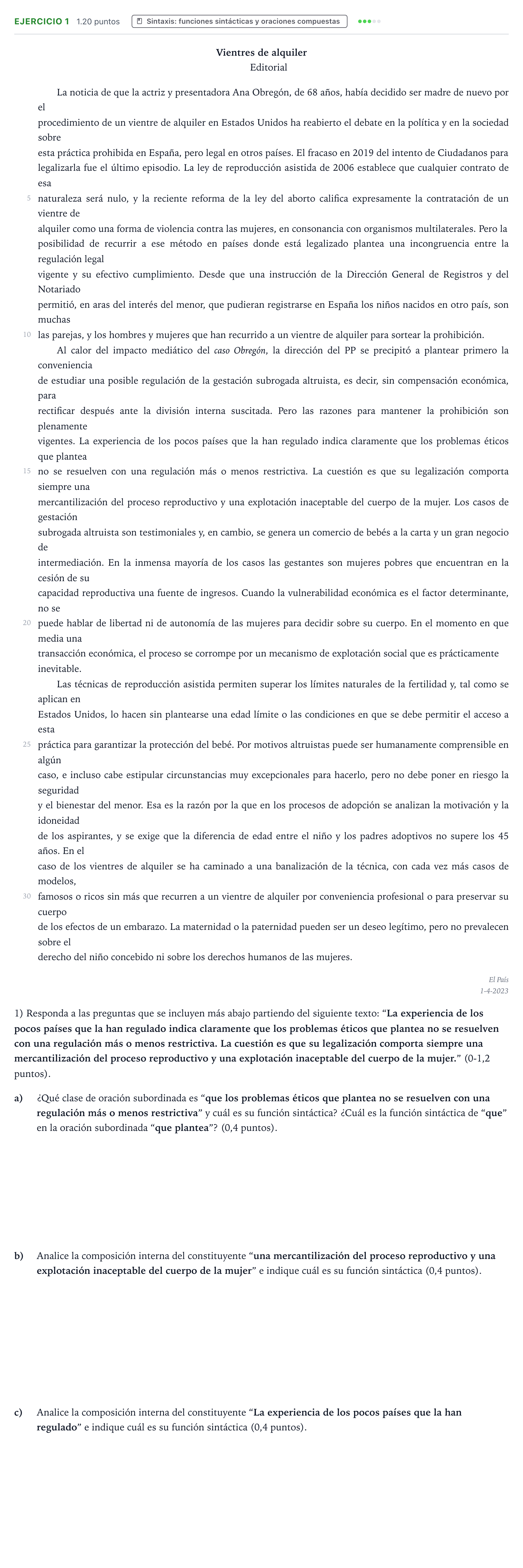 Enunciado: Problema 1 · Lengua Castellana y Literatura II PAU Valencia Ordinaria 2023